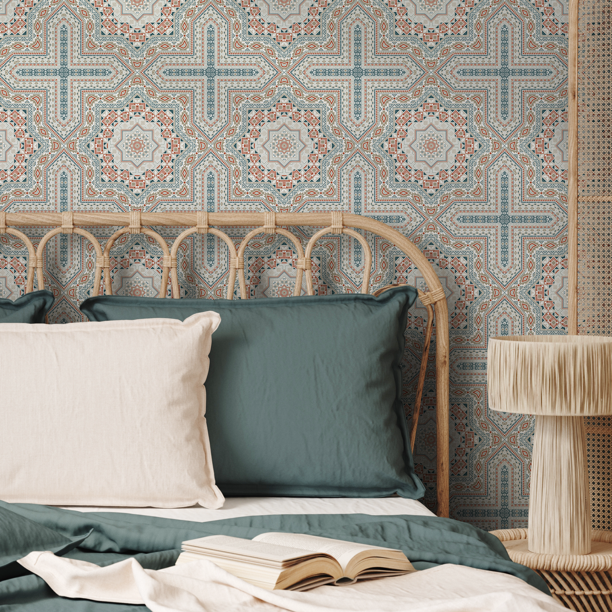 Geometric Wallpaper With A Marrakech Tile Pattern In Teal And Terracotta - C362