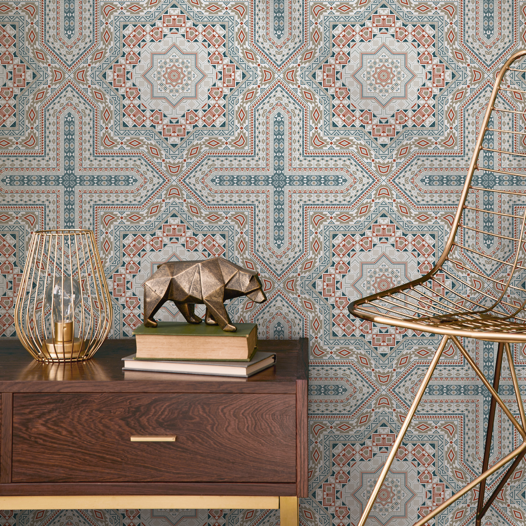 Geometric Wallpaper With A Marrakech Tile Pattern In Teal And Terracotta - C362