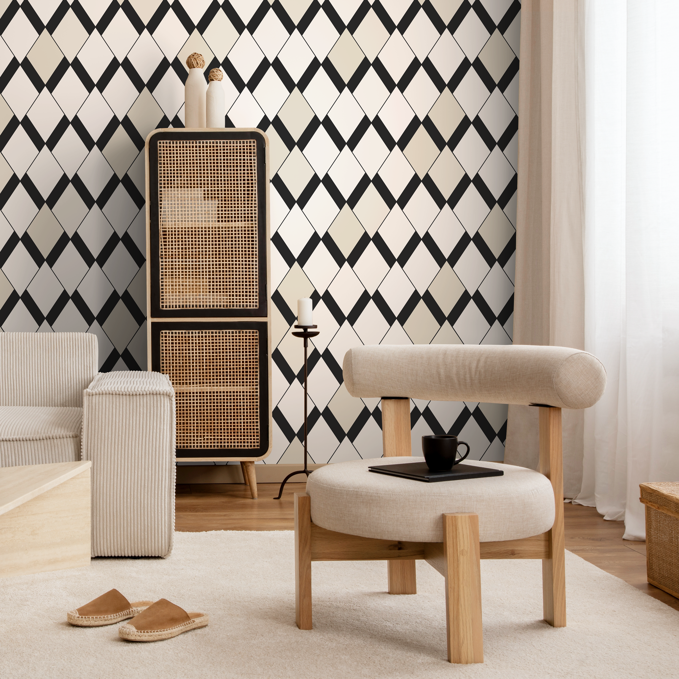 Geometric Wallpaper With A Modern Diamond Motif In Black, White, And Beige - C363