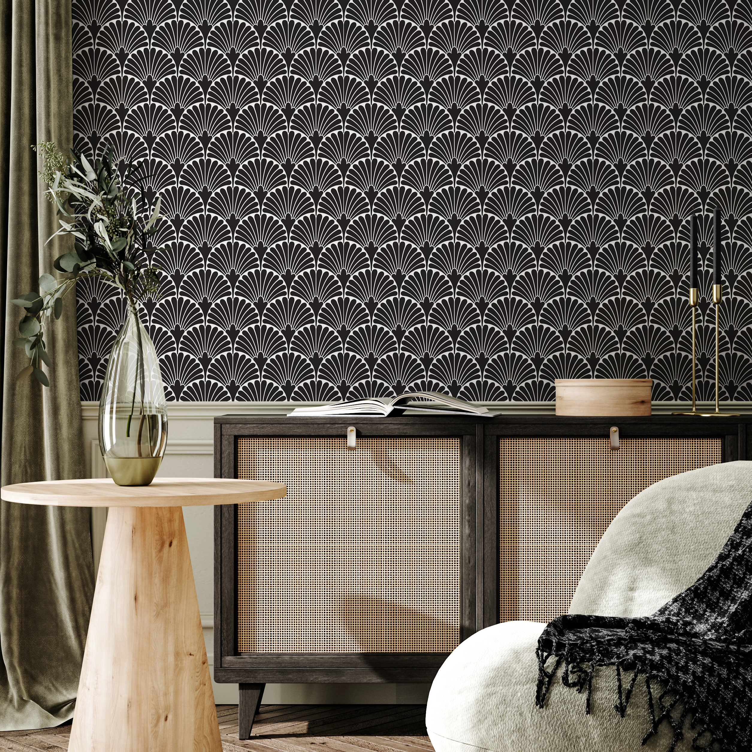 Art Deco Wallpaper With A Geometric Fan Motif In Black And White - C365