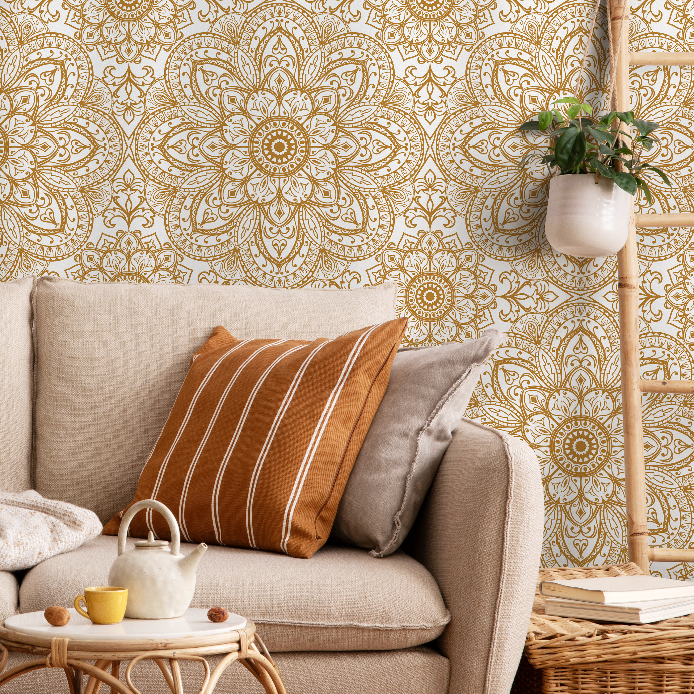 Mosaic Wallpaper With Intricate Mandala Medallions In Orange And White - C367