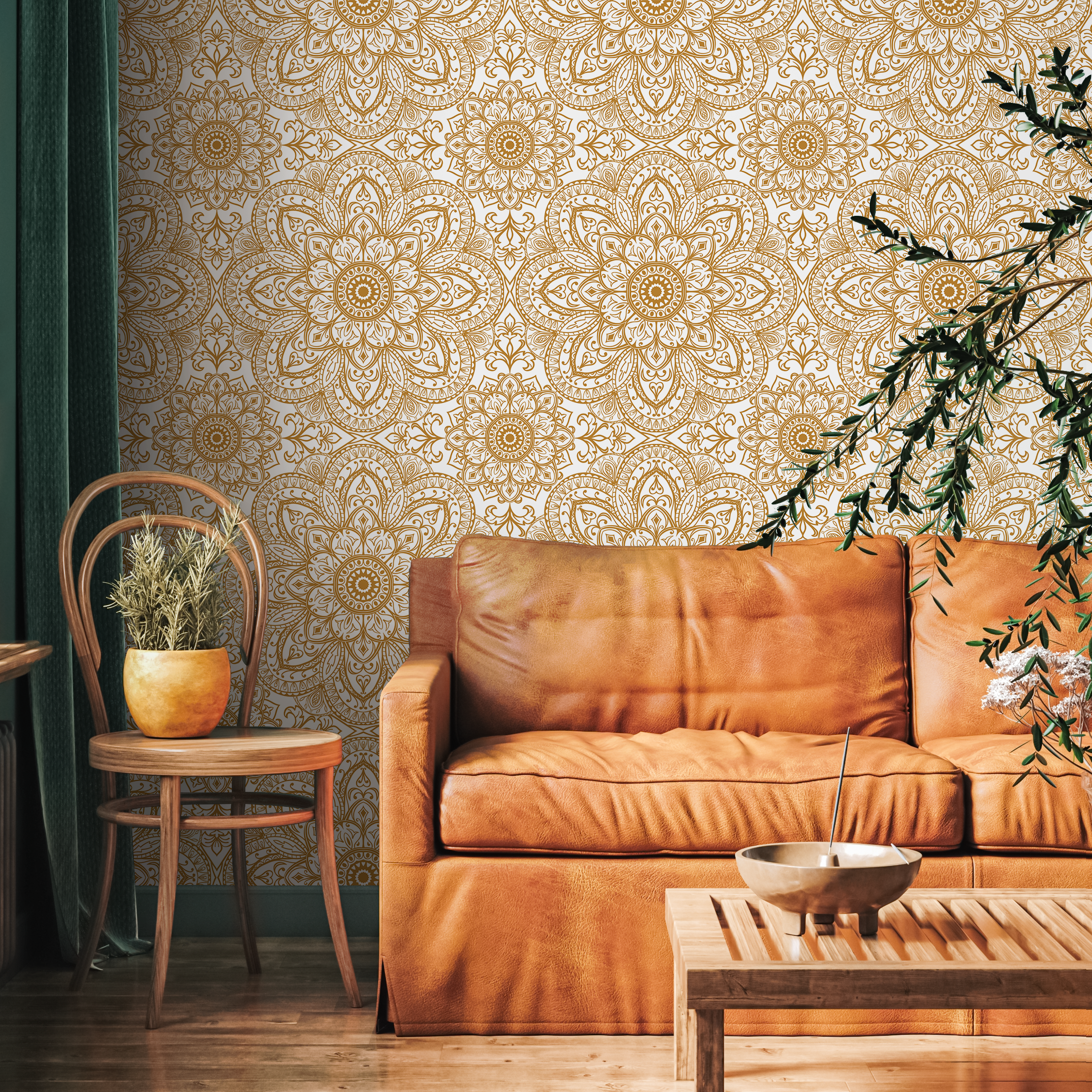 Mosaic Wallpaper With Intricate Mandala Medallions In Orange And White - C367