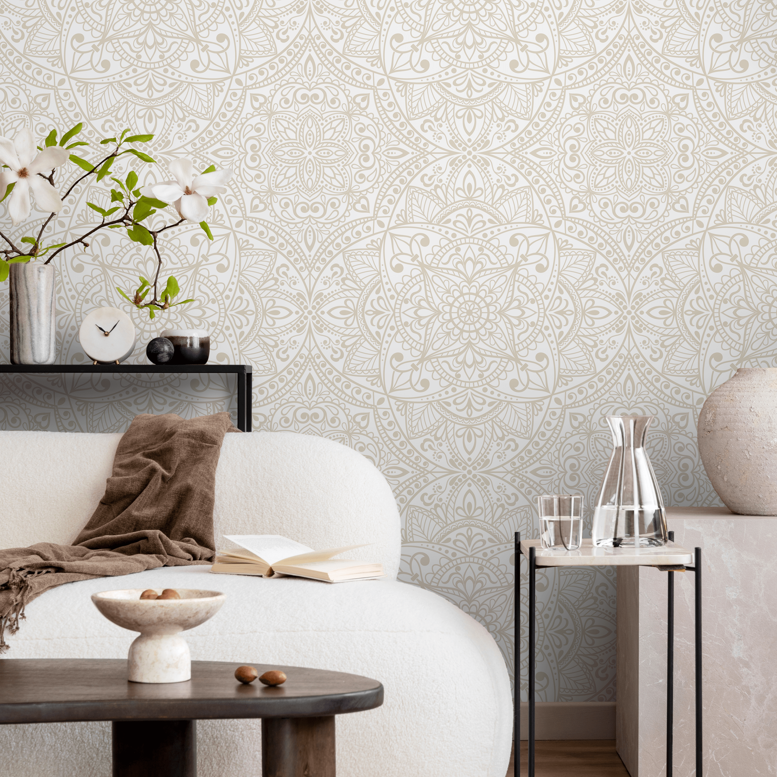 Mandala Wallpaper With An Intricate Arabian Motif In Beige - C368
