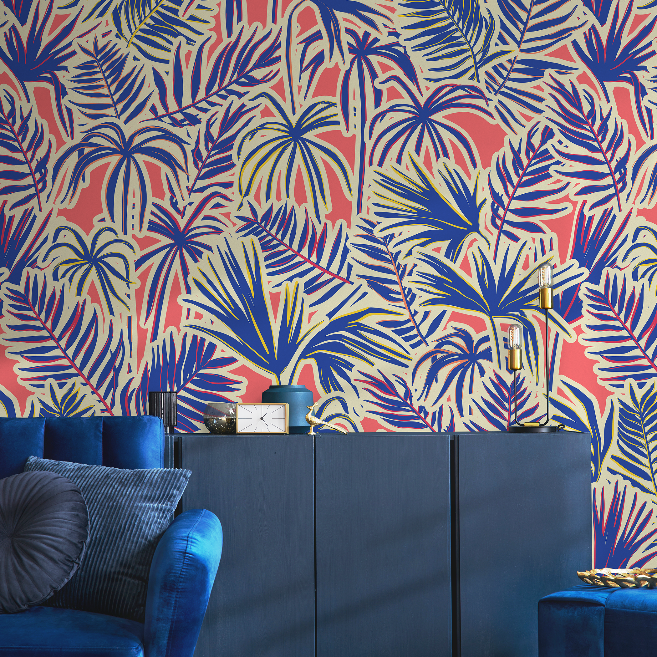 Tropical Wallpaper Featuring Stylized Jungle Leaves In Blue, Pink, And Cream - C371