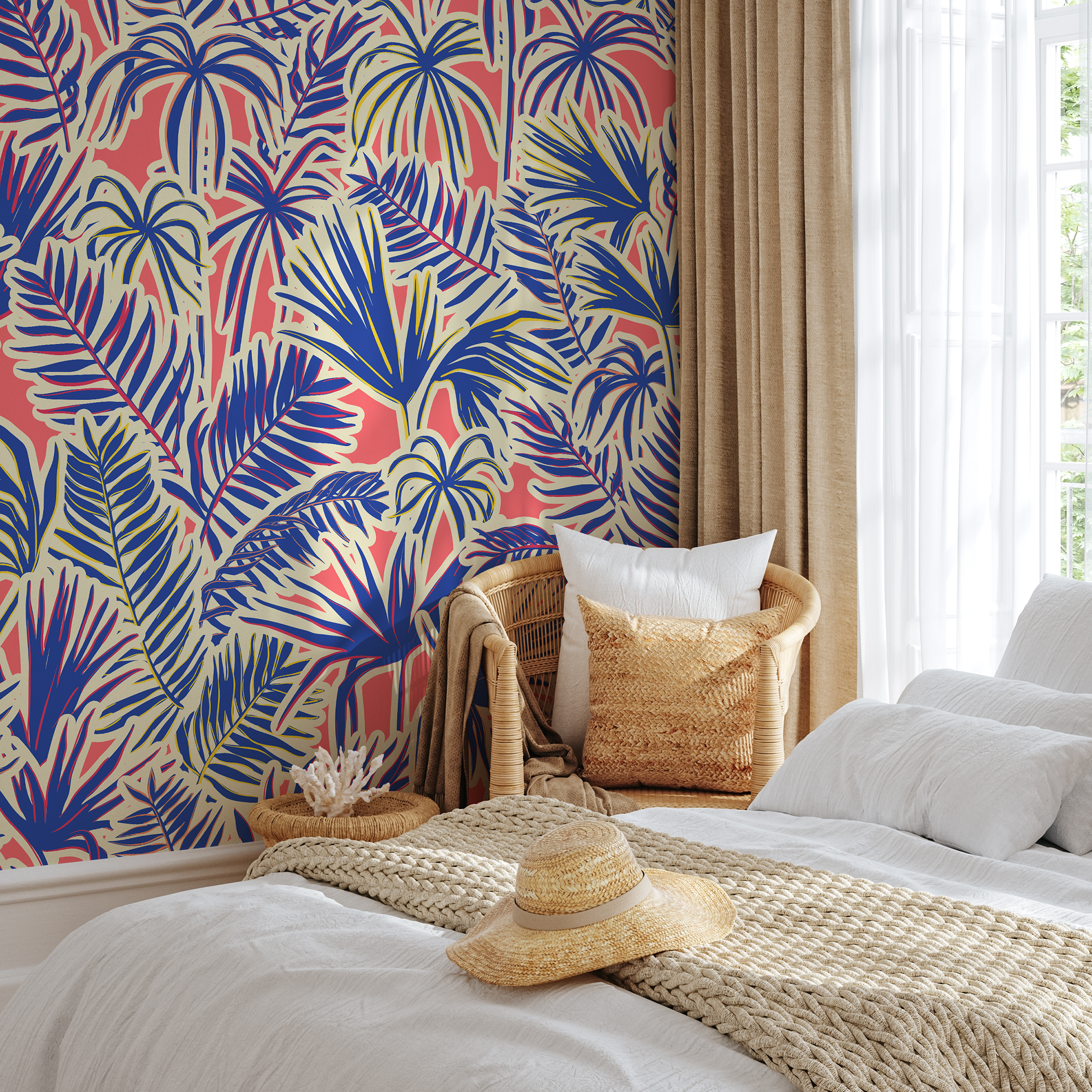 Tropical Wallpaper Featuring Stylized Jungle Leaves In Blue, Pink, And Cream - C371
