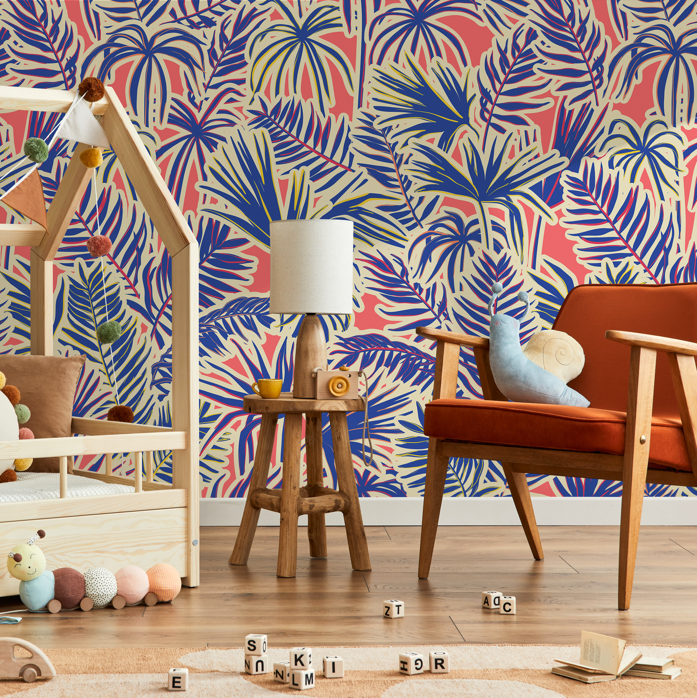 Tropical Wallpaper Featuring Stylized Jungle Leaves In Blue, Pink, And Cream - C371