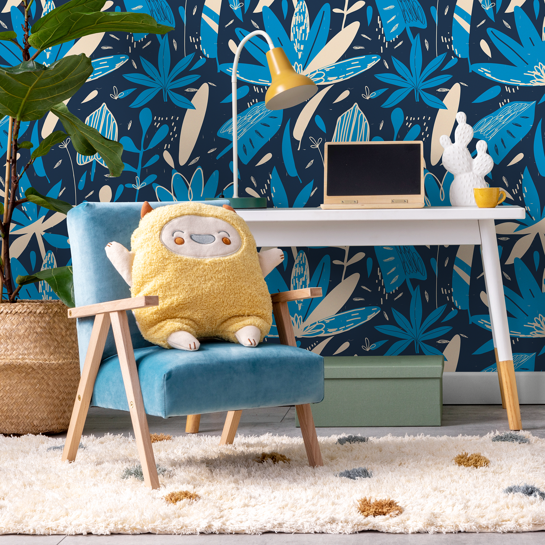 Abstract Wallpaper With A Bold Botanical Motif In Navy Blue, Blue, And Beige - C372