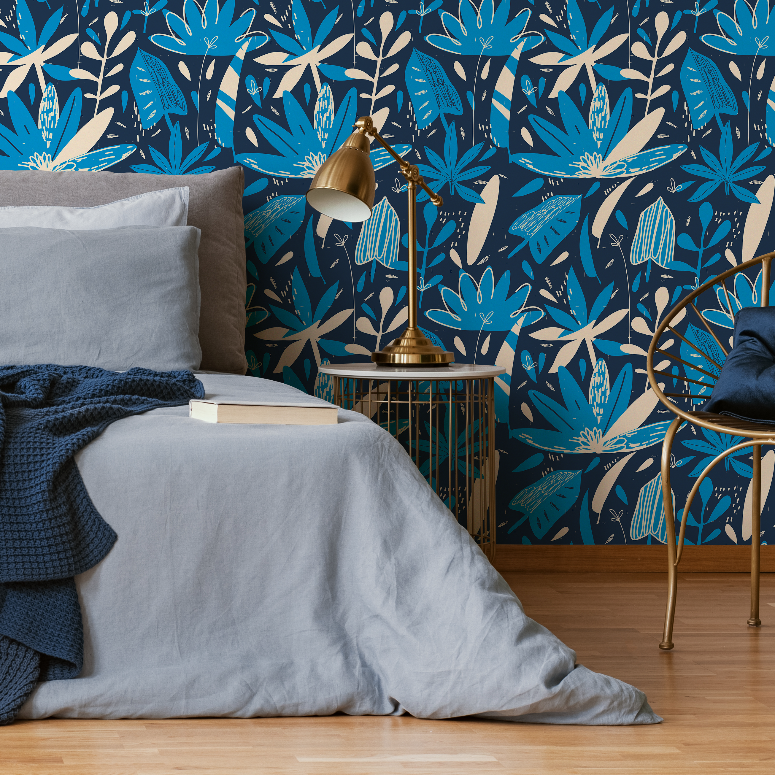 Abstract Wallpaper With A Bold Botanical Motif In Navy Blue, Blue, And Beige - C372