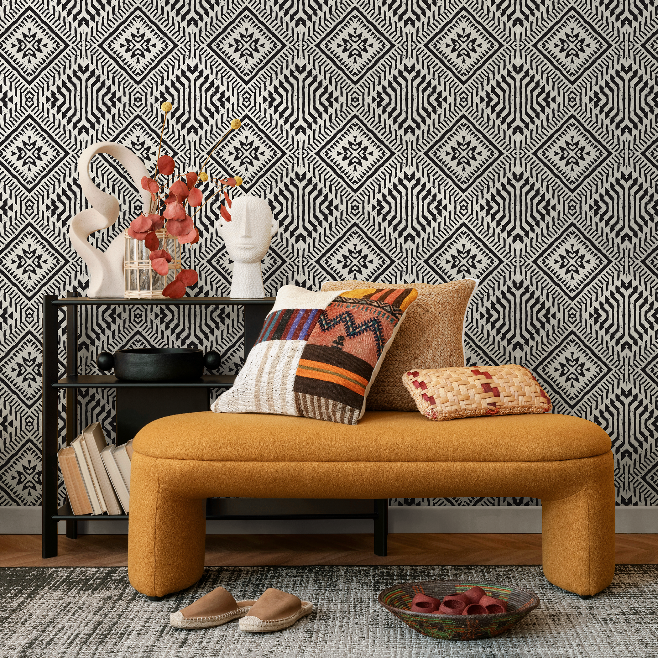 African Wallpaper With A Tribal Diamond Pattern In Black And White - C373