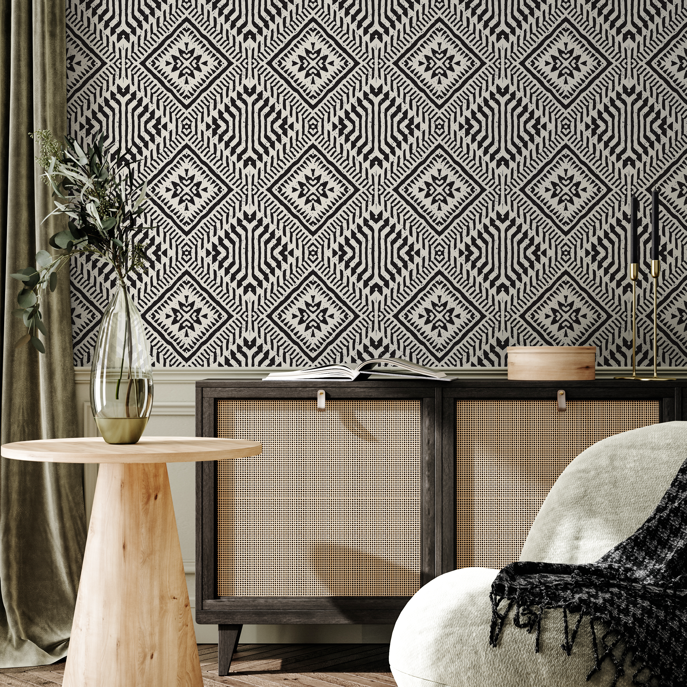 African Wallpaper With A Tribal Diamond Pattern In Black And White - C373