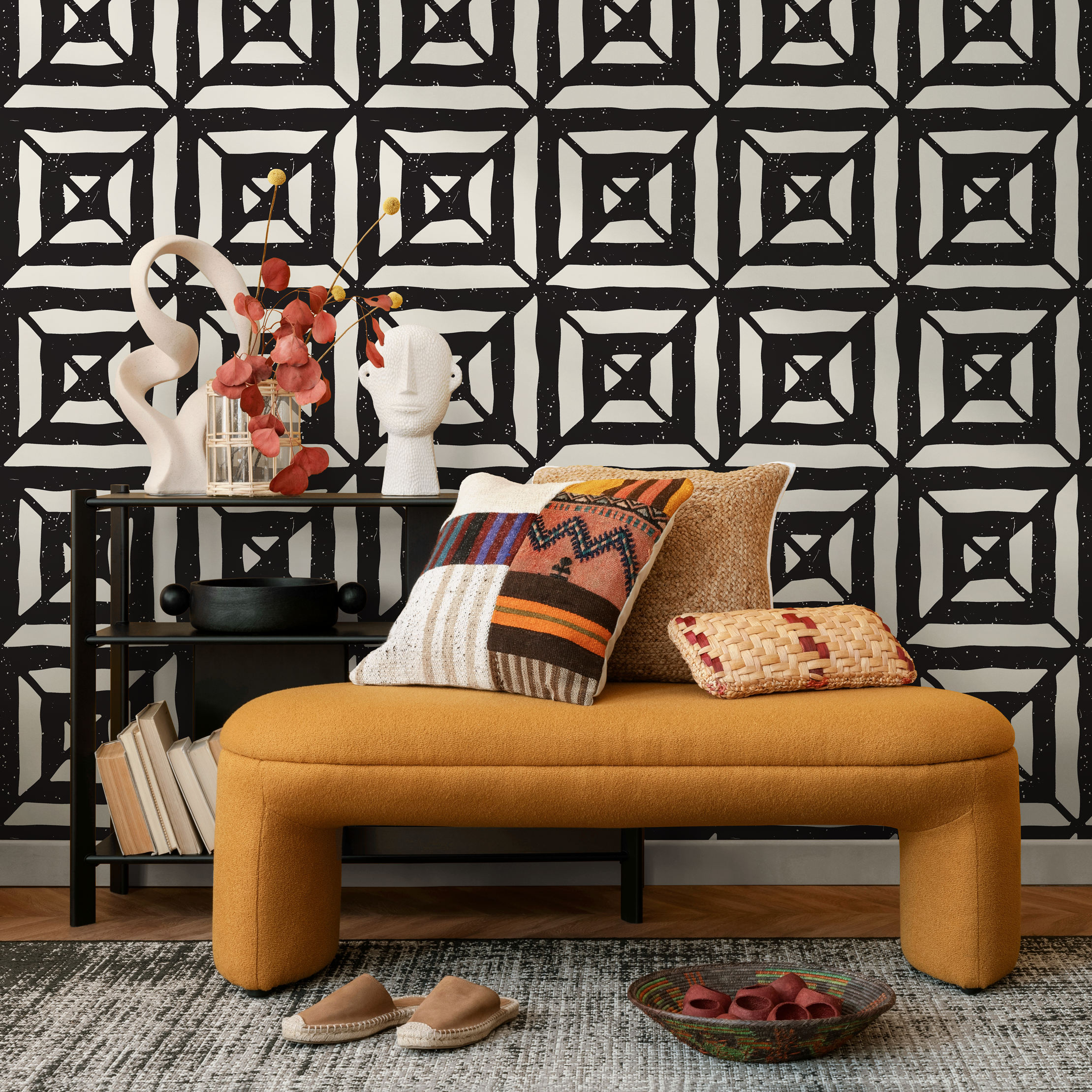 Geometric Wallpaper With A Distressed Tile Motif In Black And Cream - C375