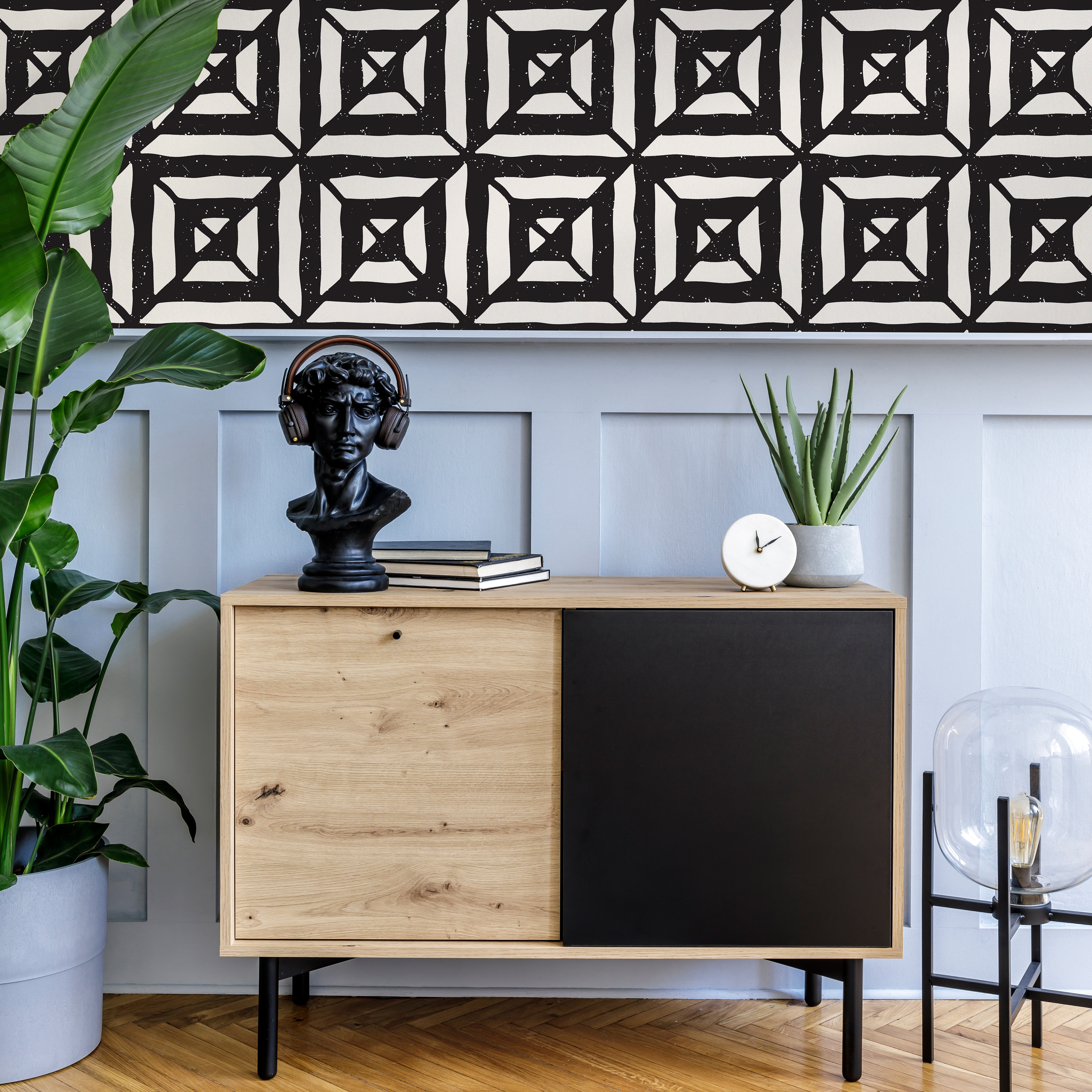 Geometric Wallpaper With A Distressed Tile Motif In Black And Cream - C375