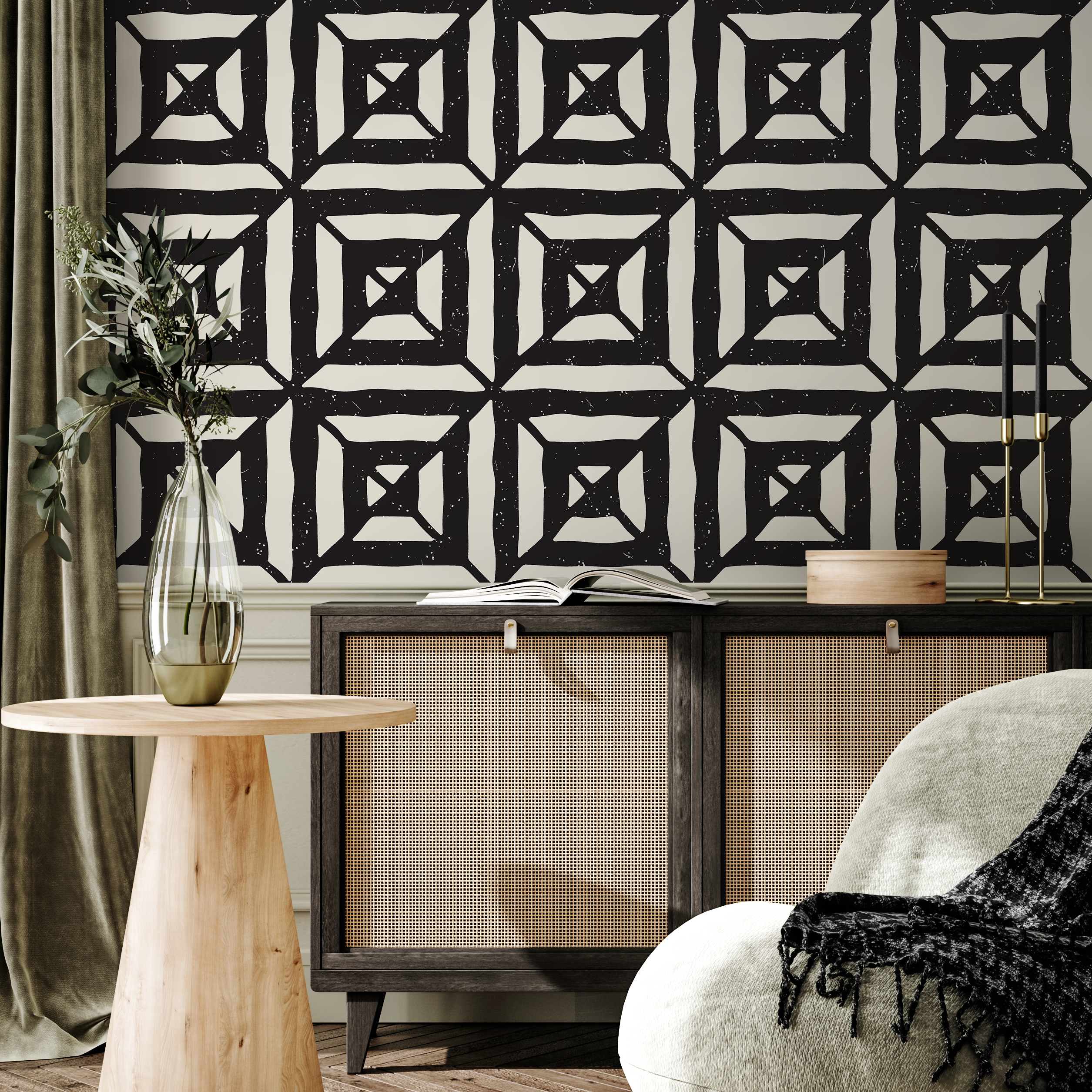 Geometric Wallpaper With A Distressed Tile Motif In Black And Cream - C375