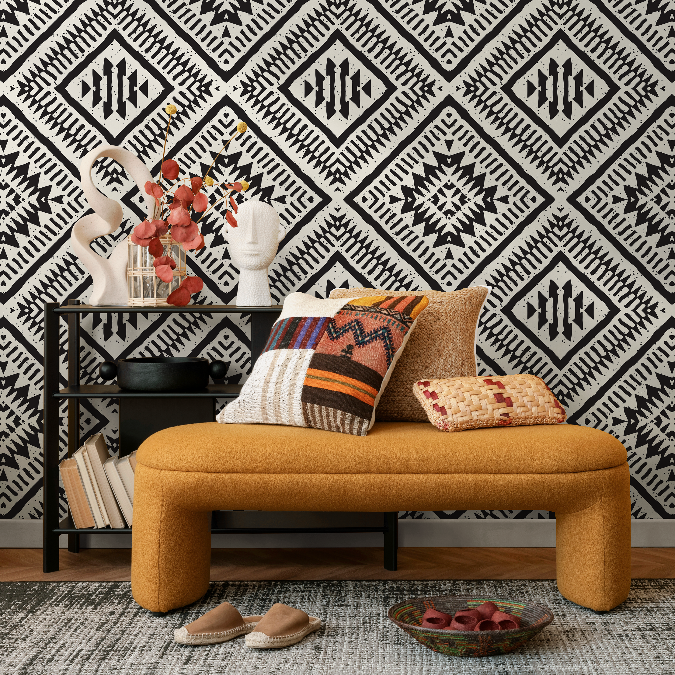 African Wallpaper With A Bold Tribal Diamond Motif In Black And White - C376