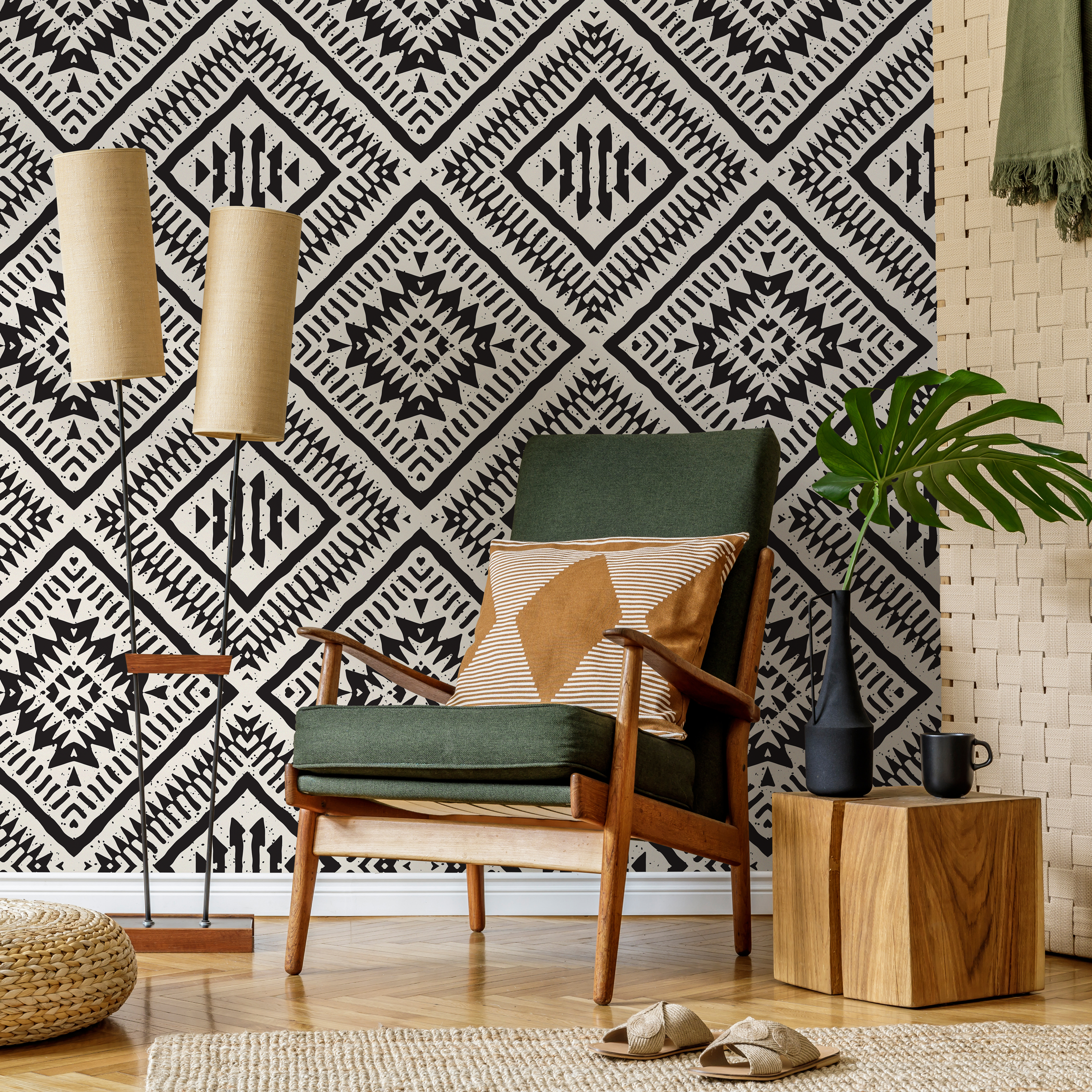 African Wallpaper With A Bold Tribal Diamond Motif In Black And White - C376