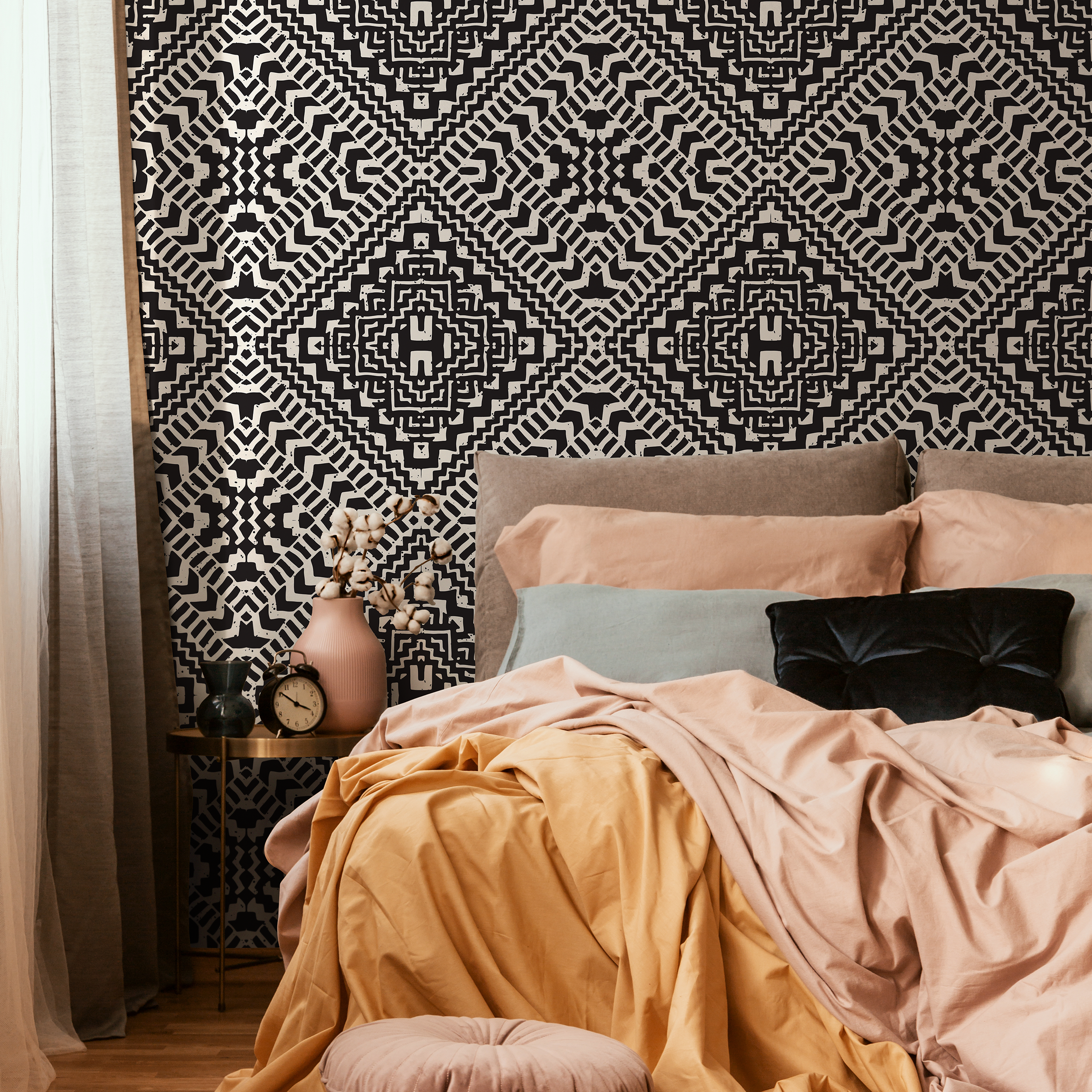 Geometric Wallpaper With An African Mudcloth Motif In Black And Cream - C377