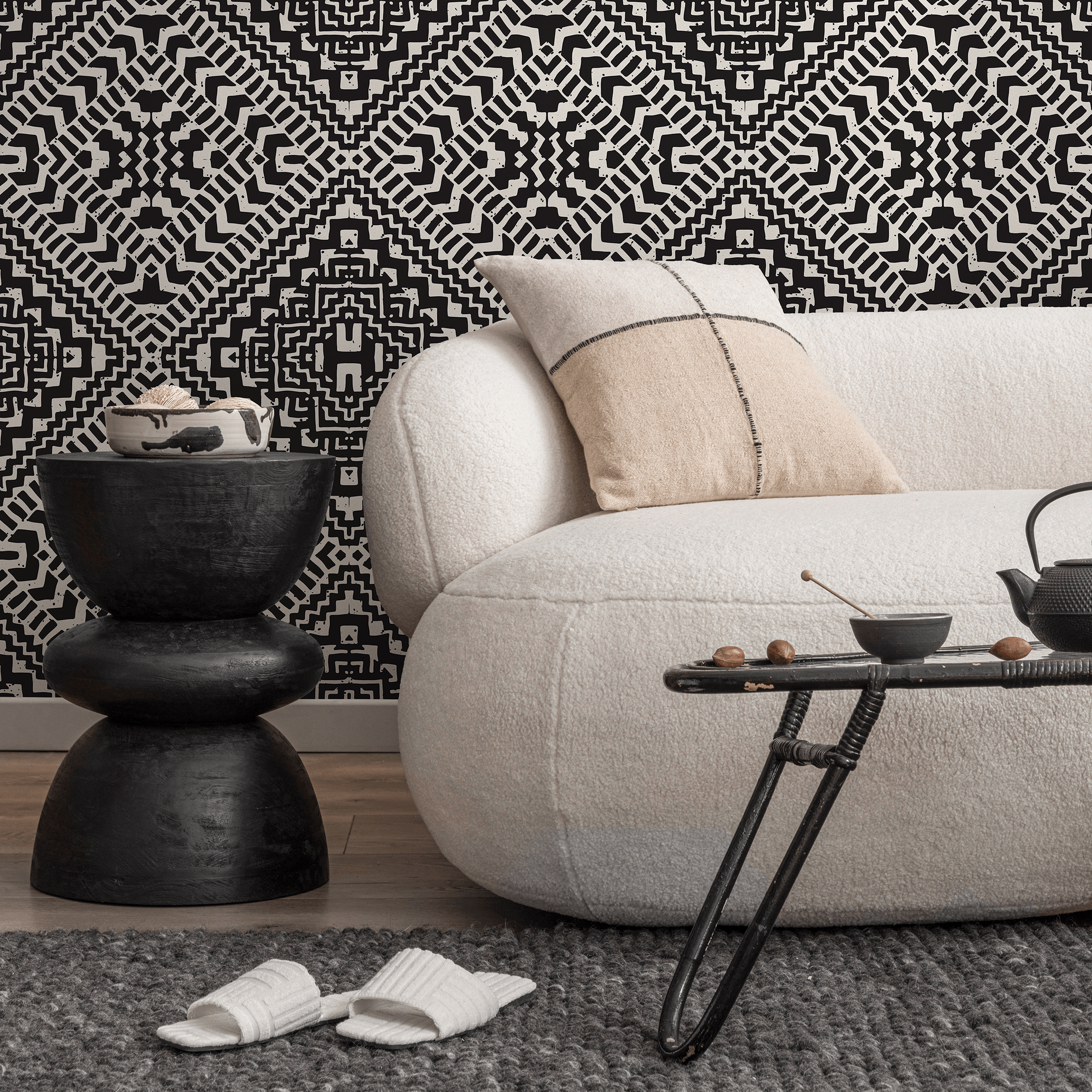 Geometric Wallpaper With An African Mudcloth Motif In Black And Cream - C377
