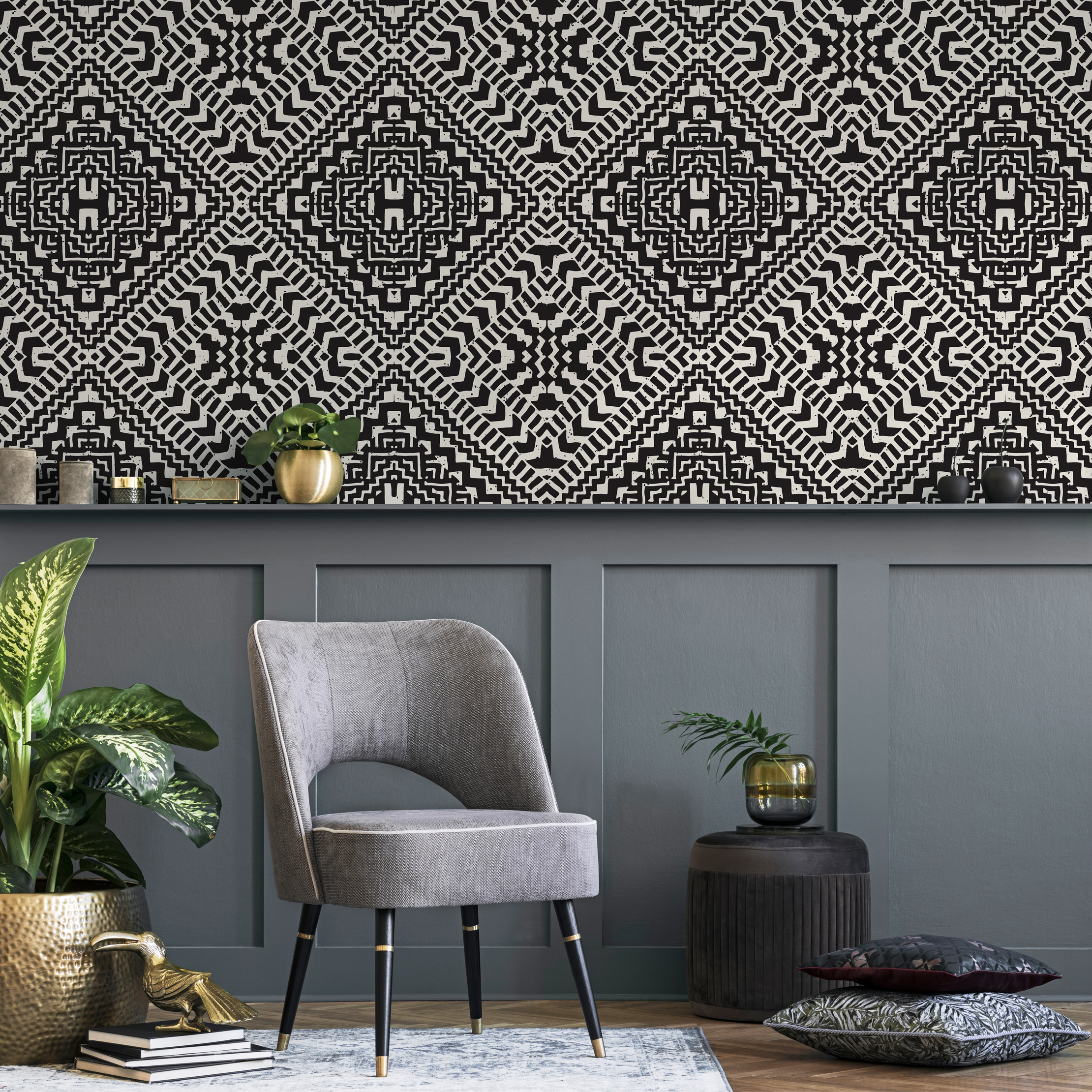 Geometric Wallpaper With An African Mudcloth Motif In Black And Cream - C377