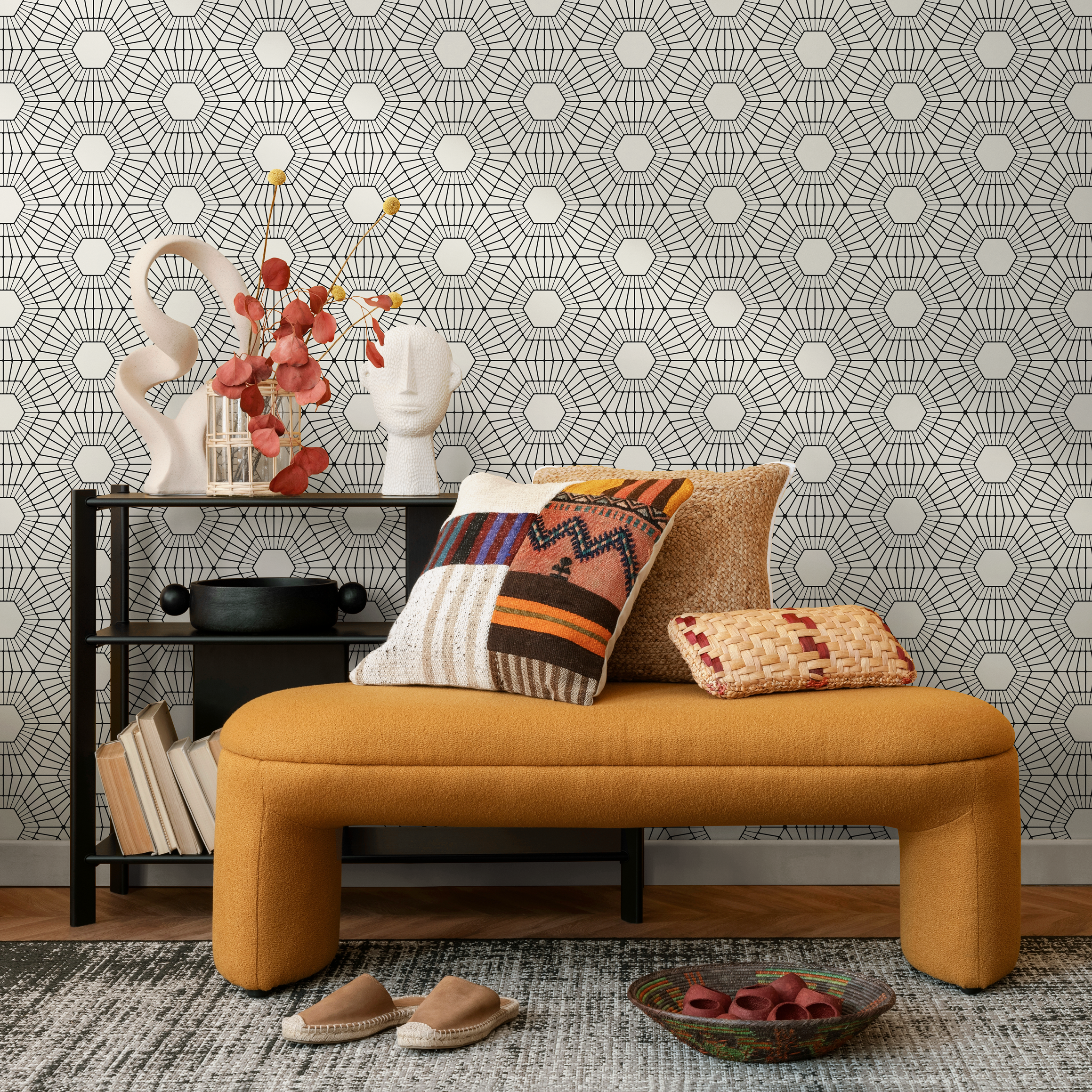Geometric Wallpaper Featuring Radiating Hexagons In Black And White - C378