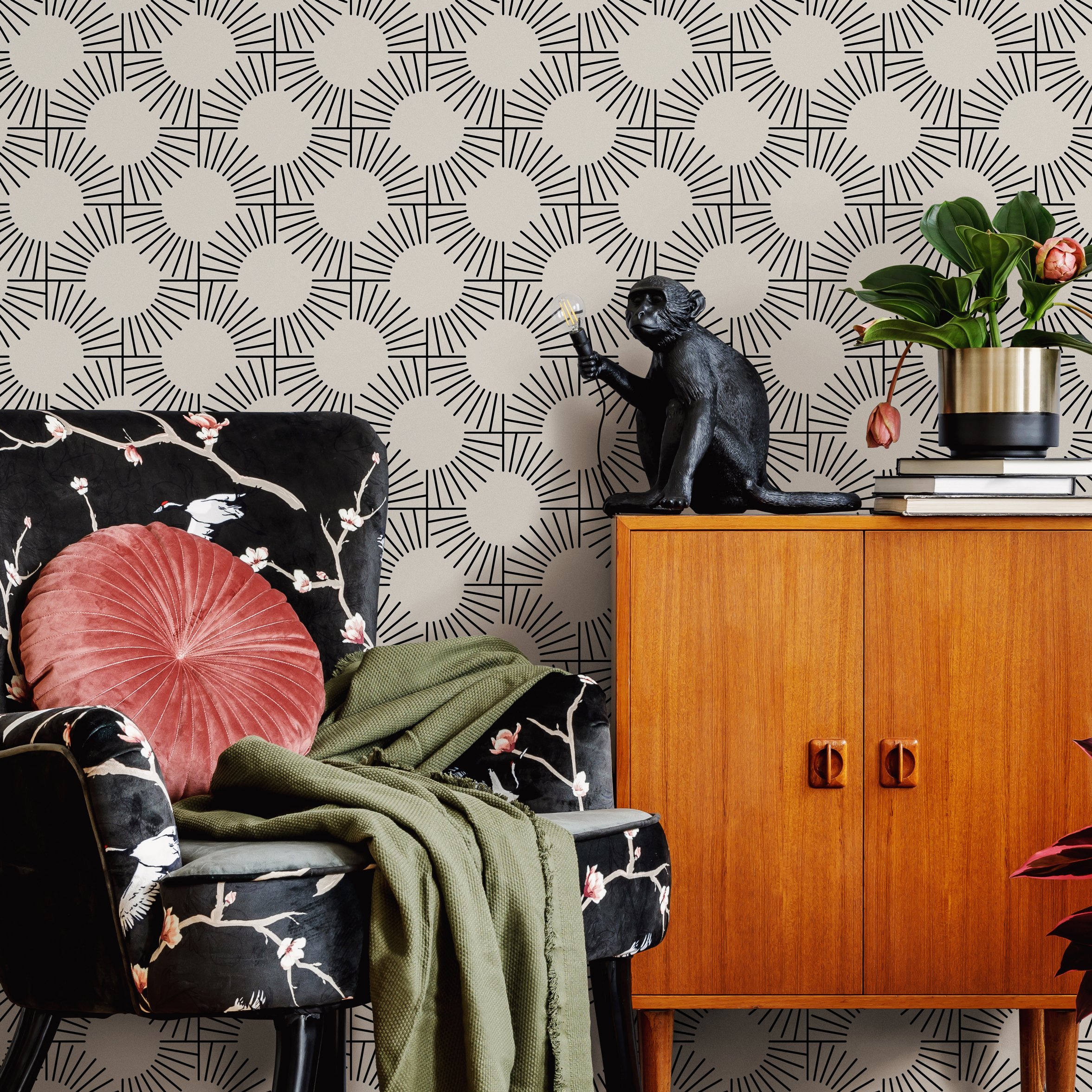 Geometric Wallpaper With A Radiating Sunburst Motif In Black And Light Beige - C379