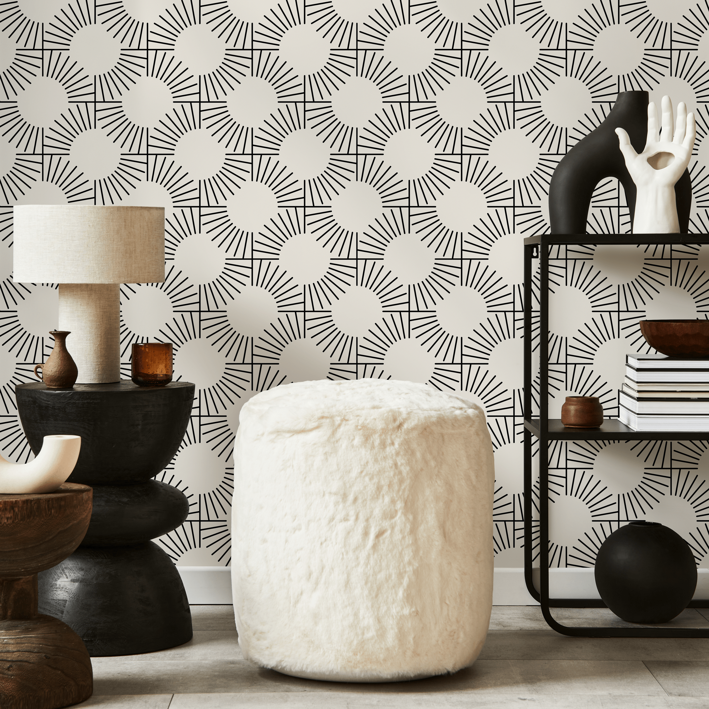 Geometric Wallpaper With A Radiating Sunburst Motif In Black And Light Beige - C379