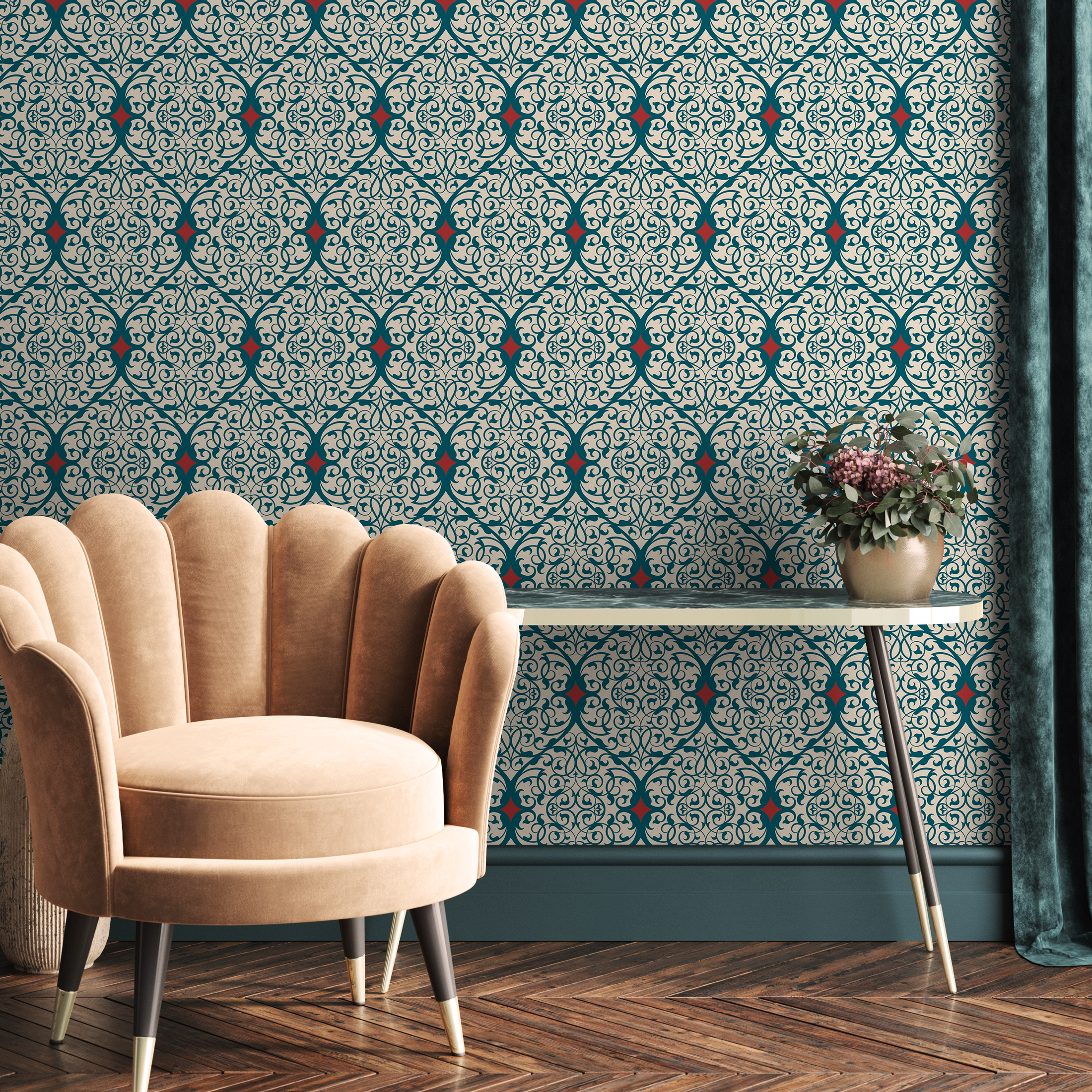 Damask Wallpaper With An Intricate Arabesque Motif In Teal, Red, And Beige - C380
