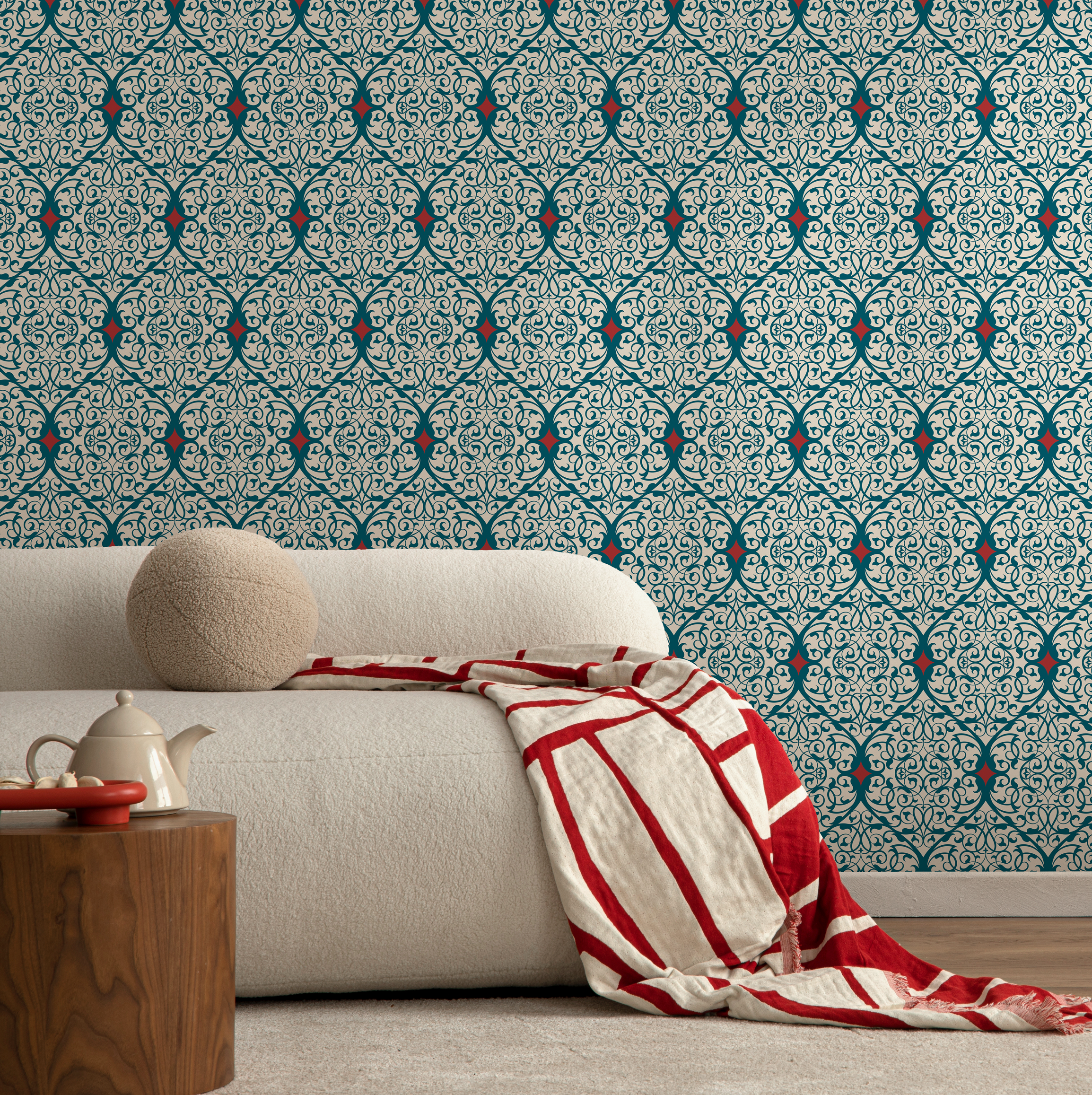 Damask Wallpaper With An Intricate Arabesque Motif In Teal, Red, And Beige - C380