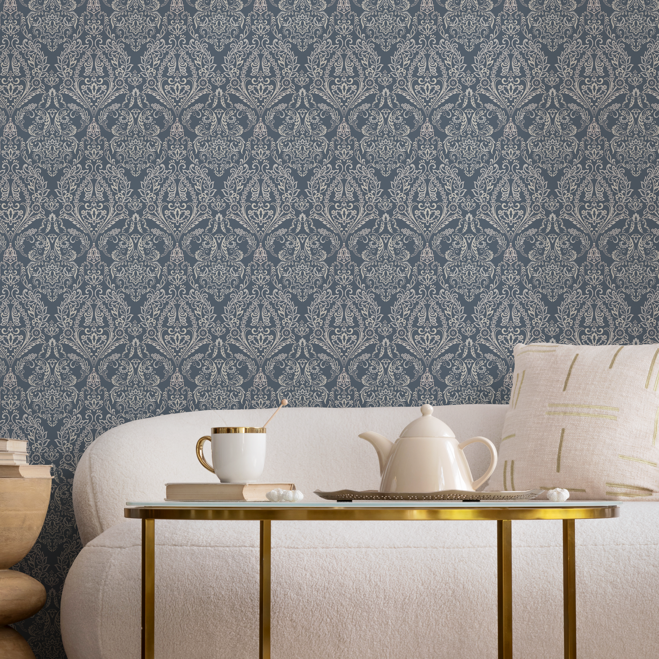Art Nouveau Wallpaper With An Elegant Damask Motif In Blue And Cream - C384
