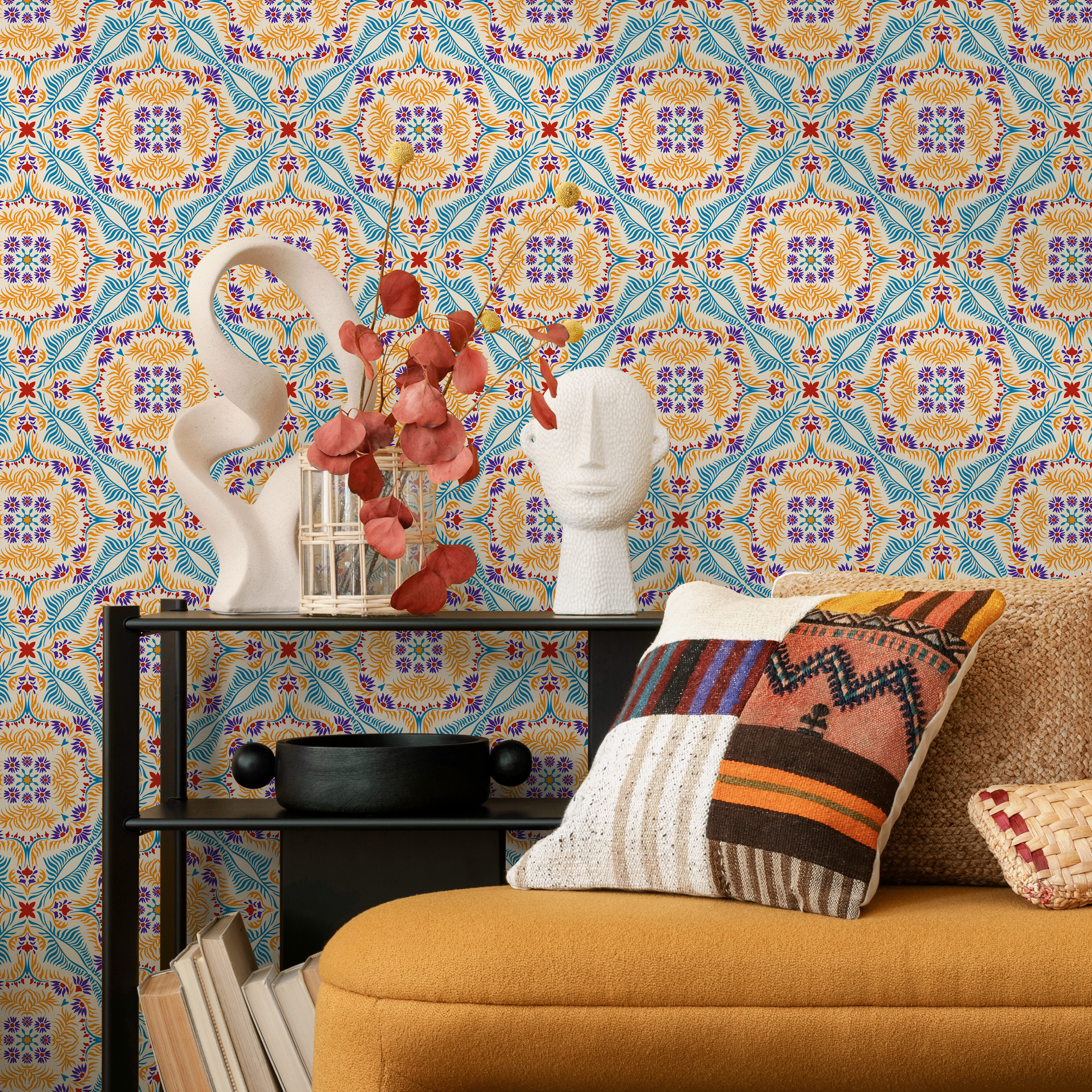 Vintage Wallpaper With An Intricate Tile Motif In Blue, Orange, And Purple - C385