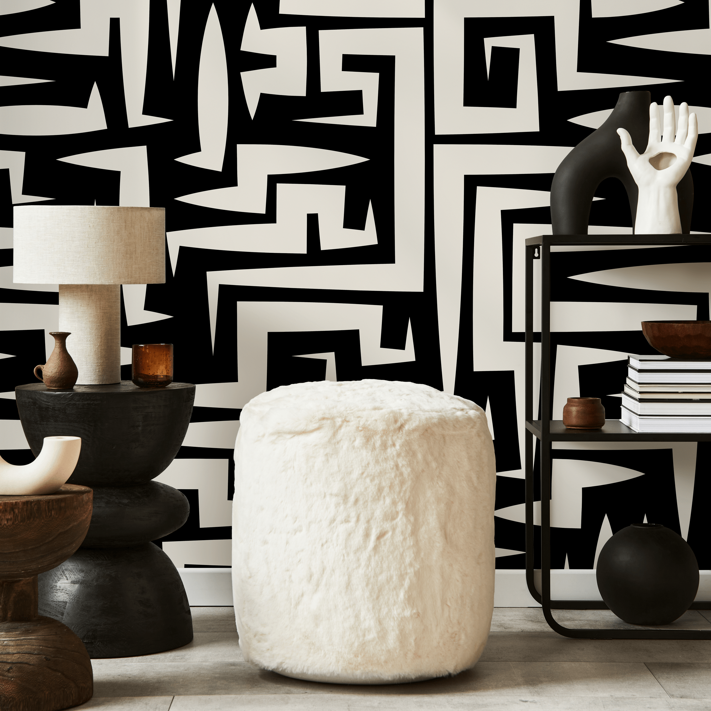 Abstract Wallpaper With A Bold Graphic Maze Motif In Black And Off-white - C388