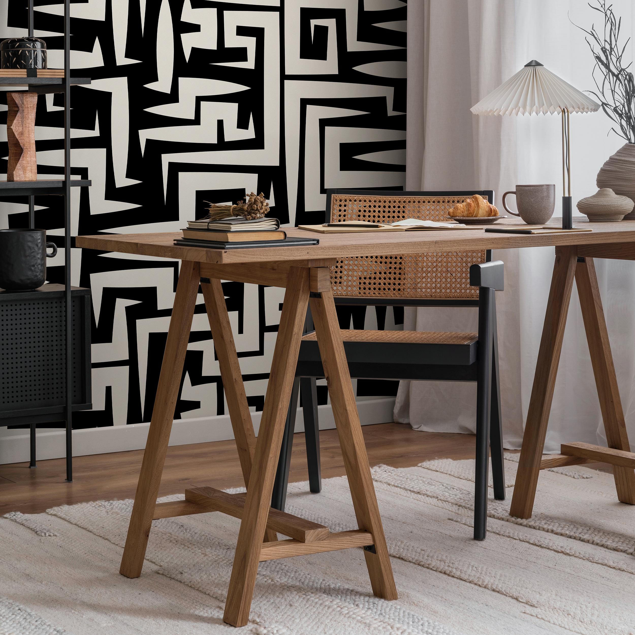Abstract Wallpaper With A Bold Graphic Maze Motif In Black And Off-white - C388