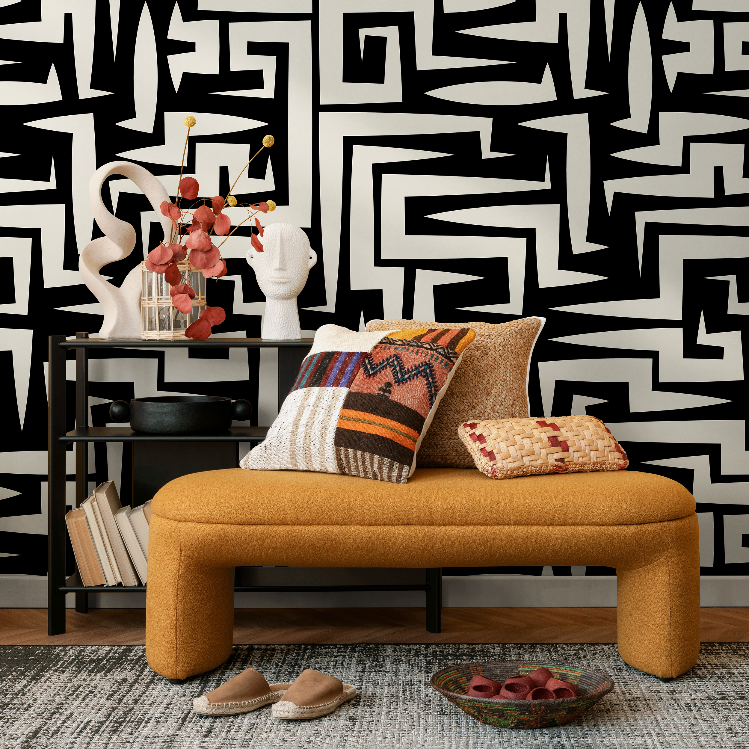 Abstract Wallpaper With A Bold Graphic Maze Motif In Black And Off-white - C388