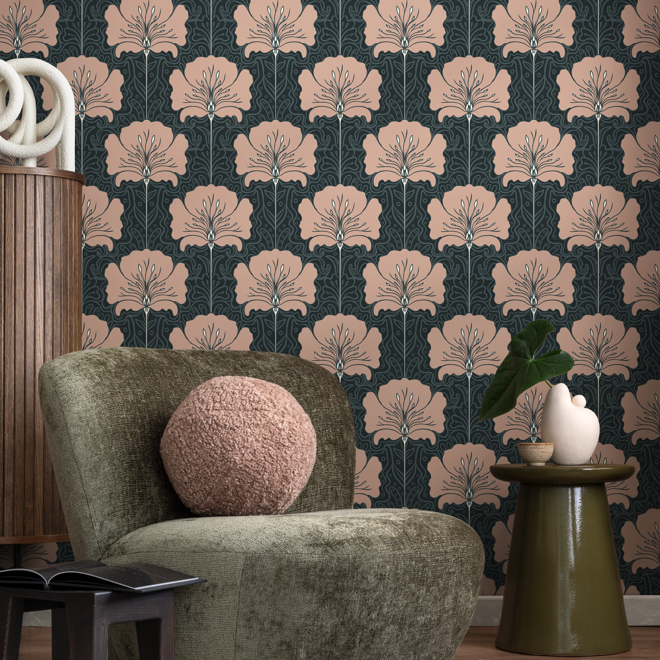Art Nouveau Wallpaper With A Stylized Floral Motif In Muted Pink And Charcoal - C389