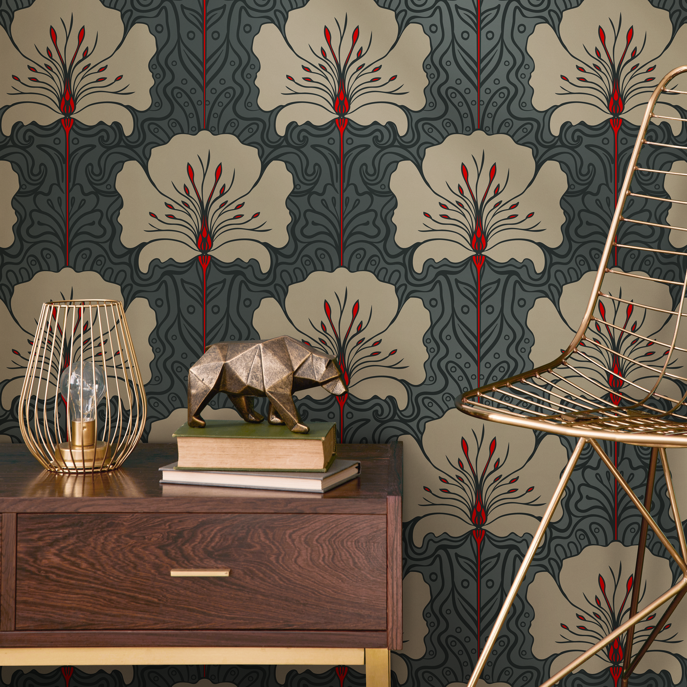 Art Nouveau Wallpaper With Stylized Florals In Teal, Beige, And Red - C390