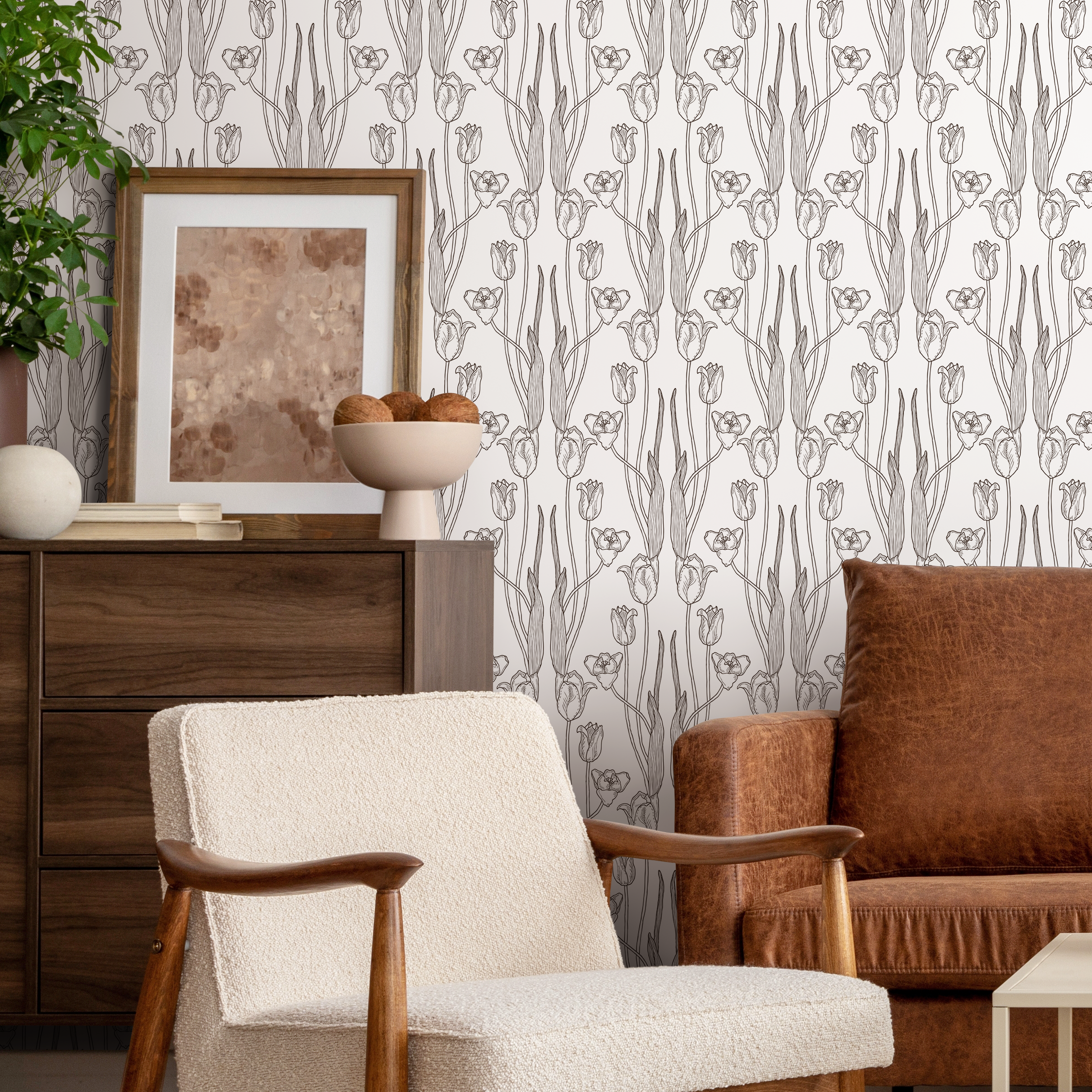 Floral Wallpaper With Vintage Tulip Line Art In Black And White - C391