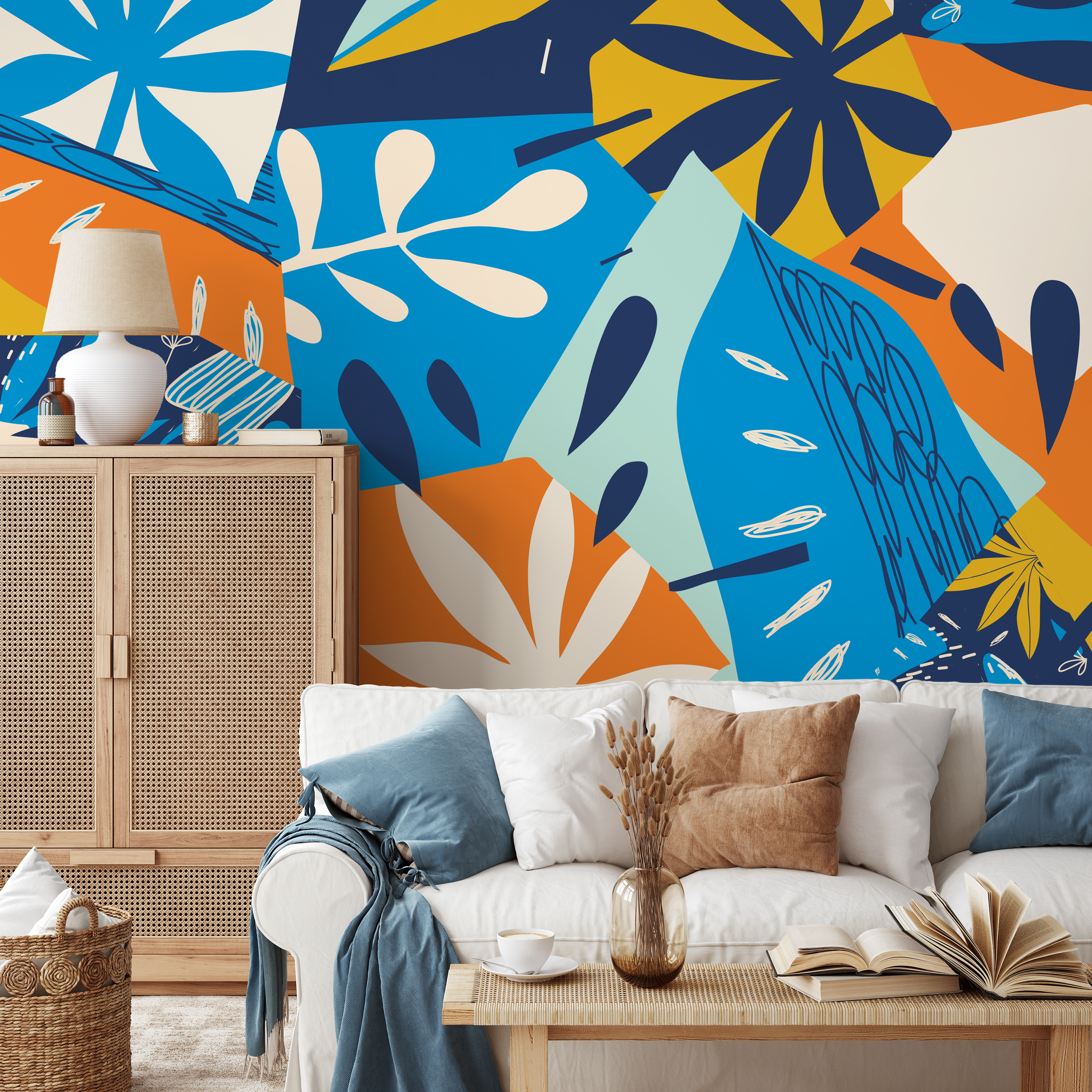 Abstract Wallpaper With A Collage Of Botanical Shapes In Blue And Orange - C393