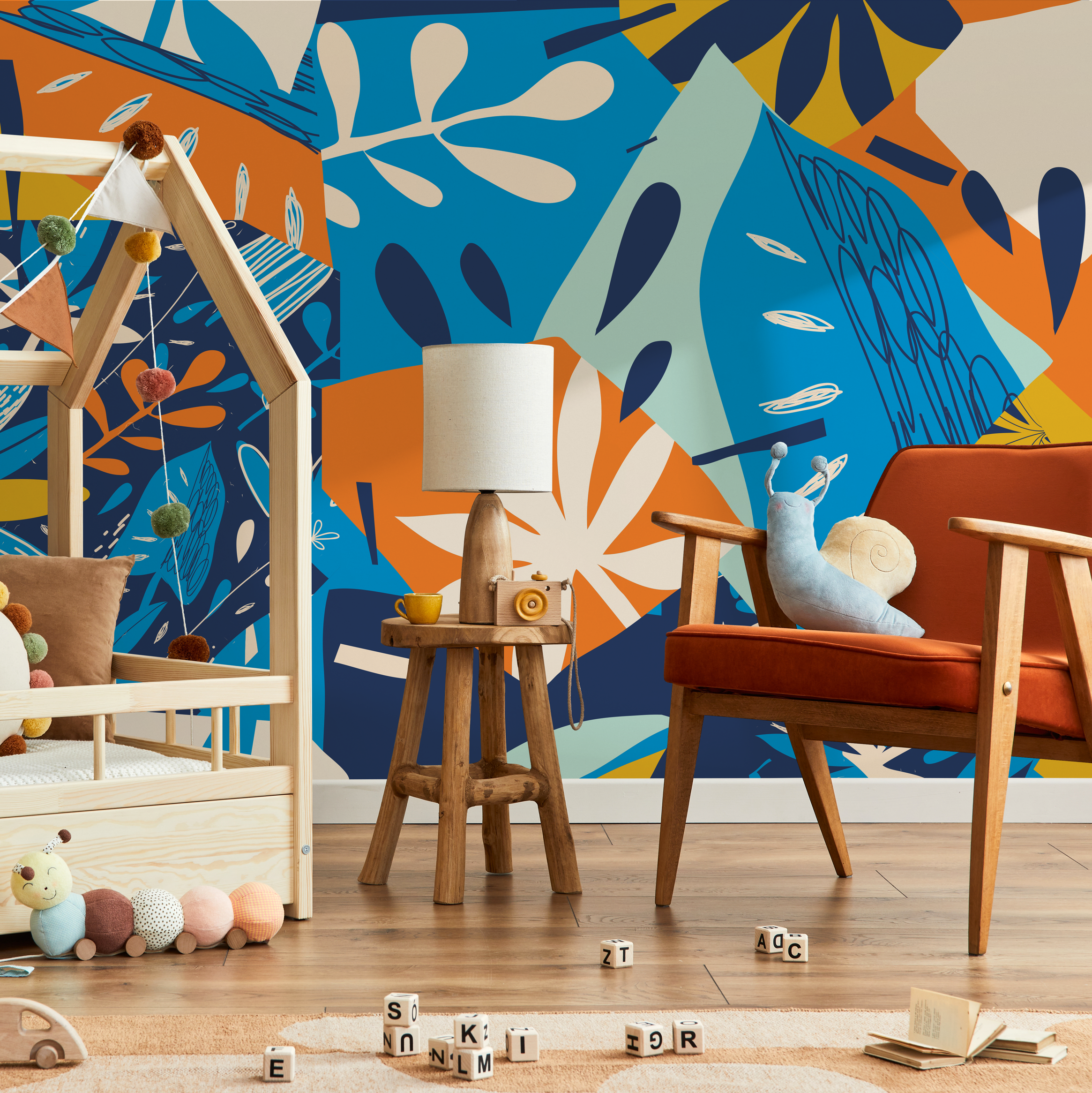 Abstract Wallpaper With A Collage Of Botanical Shapes In Blue And Orange - C393