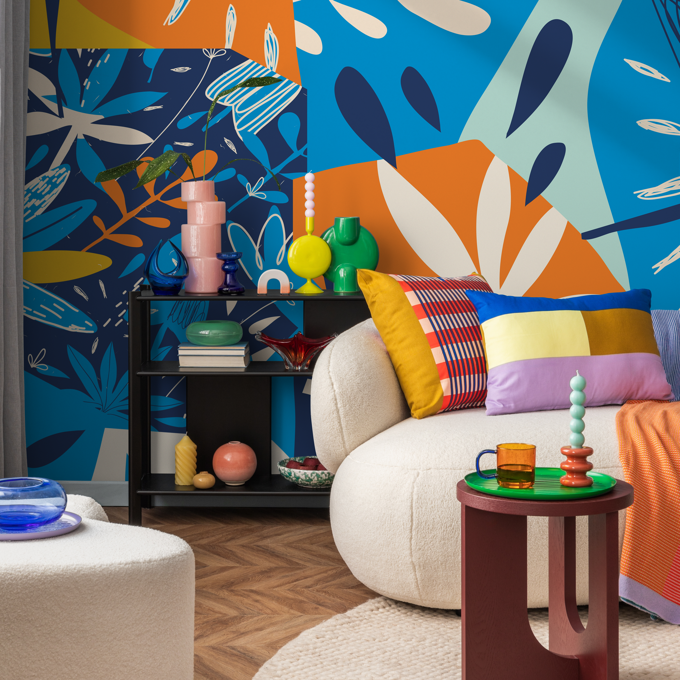 Abstract Wallpaper With A Collage Of Botanical Shapes In Blue And Orange - C393