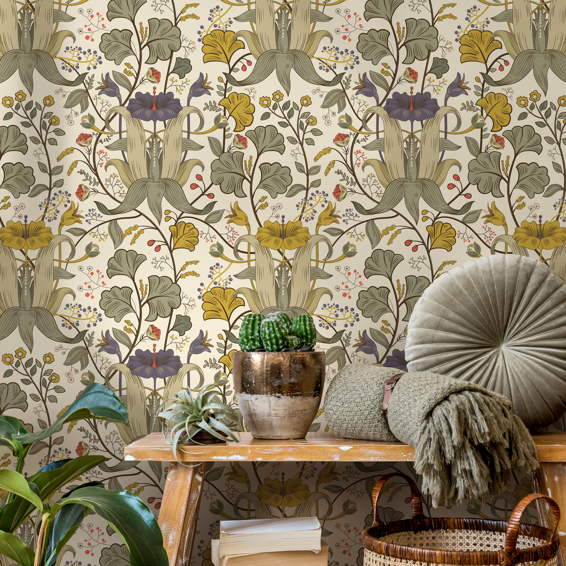 Art Nouveau Wallpaper With Stylized Lilies In Green, Yellow, And Purple - C395