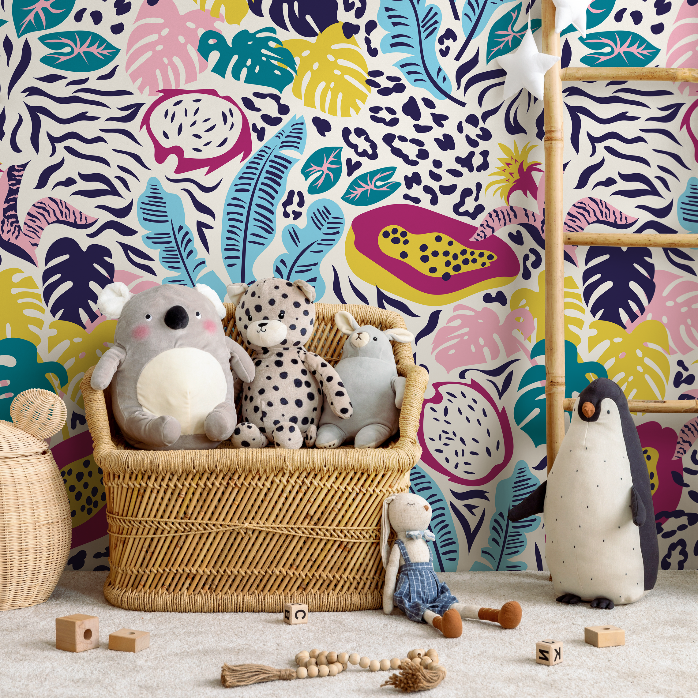 Animal Print Wallpaper With A Tropical Jungle Motif In Pink, Yellow, And Blue - C396