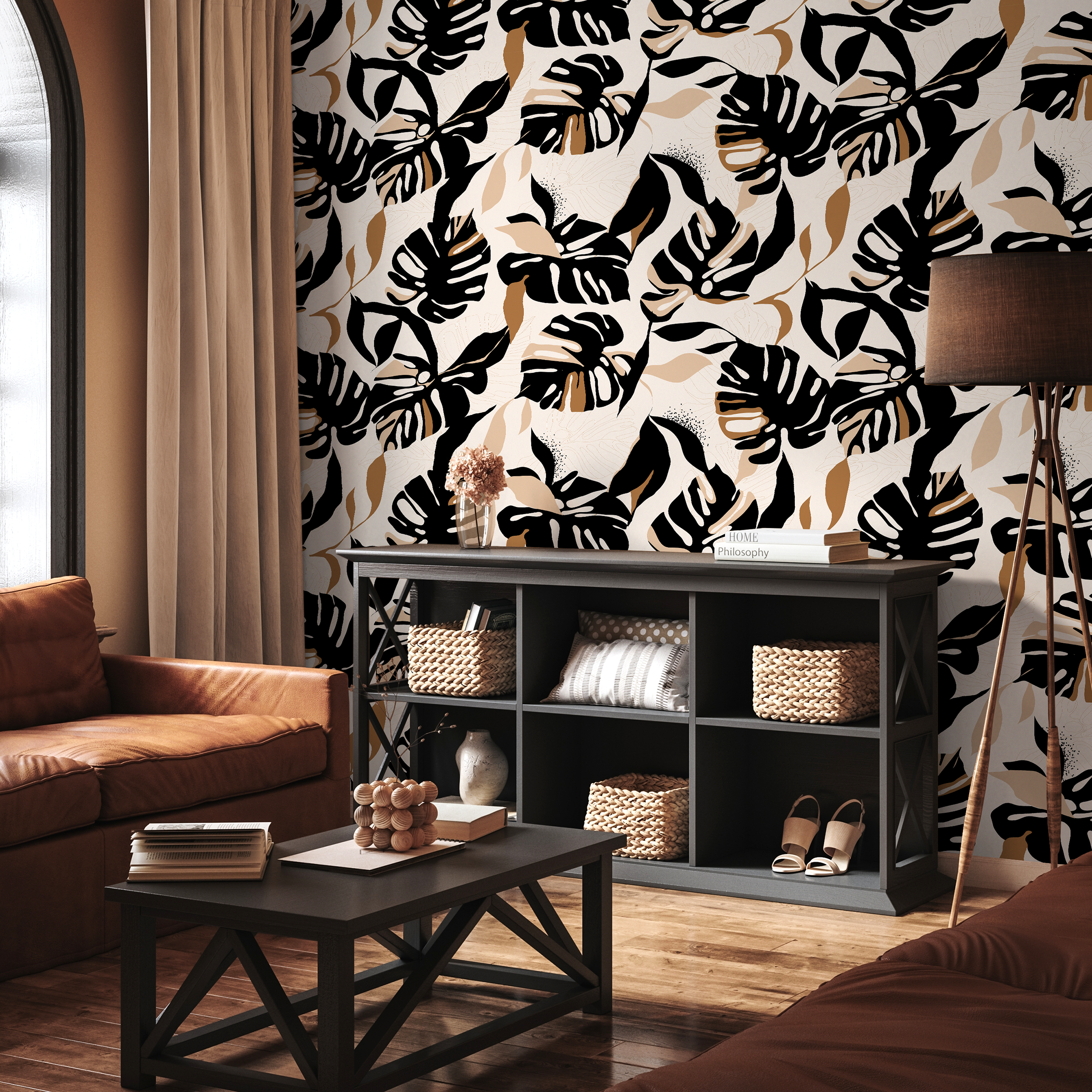 Tropical Wallpaper With Stylized Monstera Leaves In Black, Brown, And Beige - C397