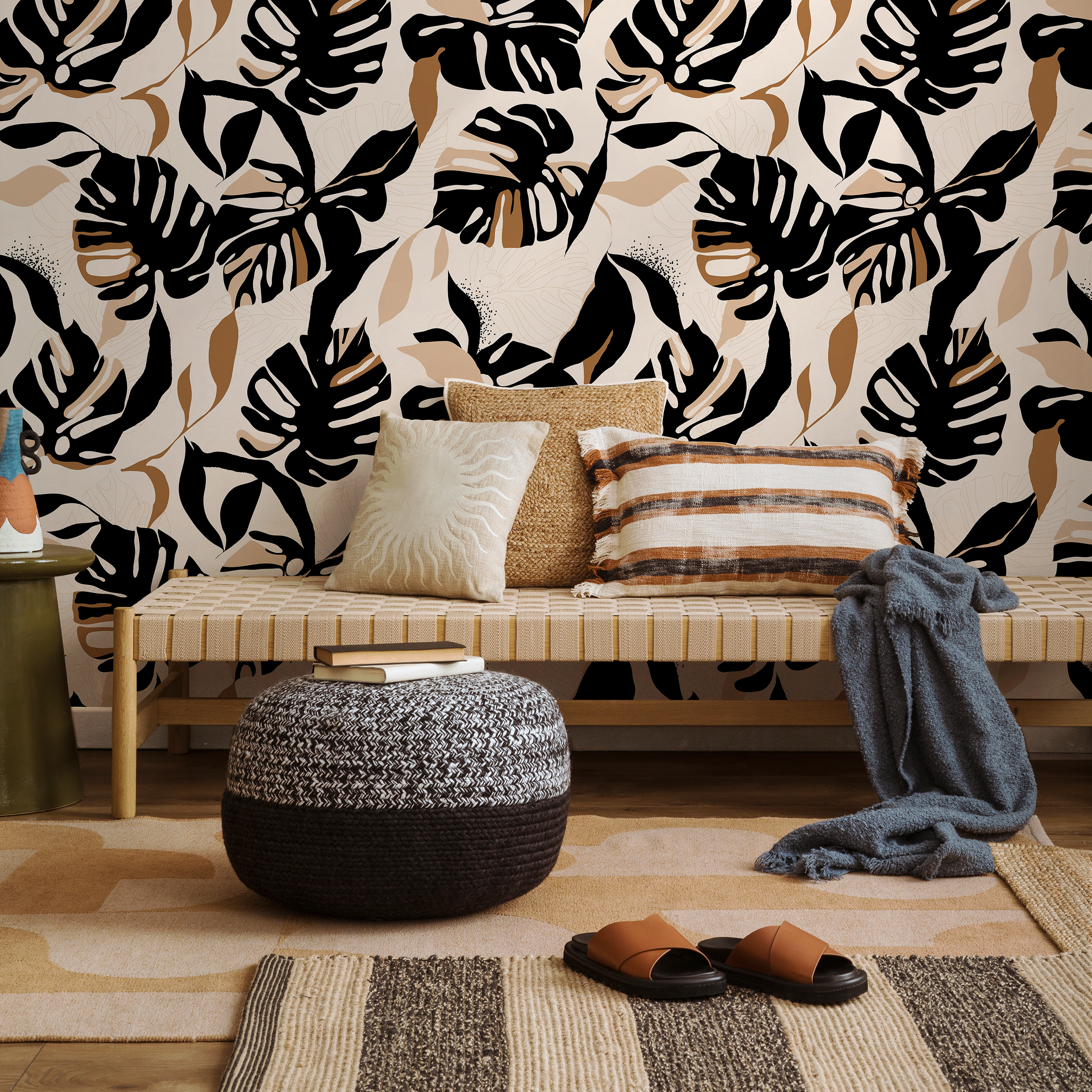 Tropical Wallpaper With Stylized Monstera Leaves In Black, Brown, And Beige - C397