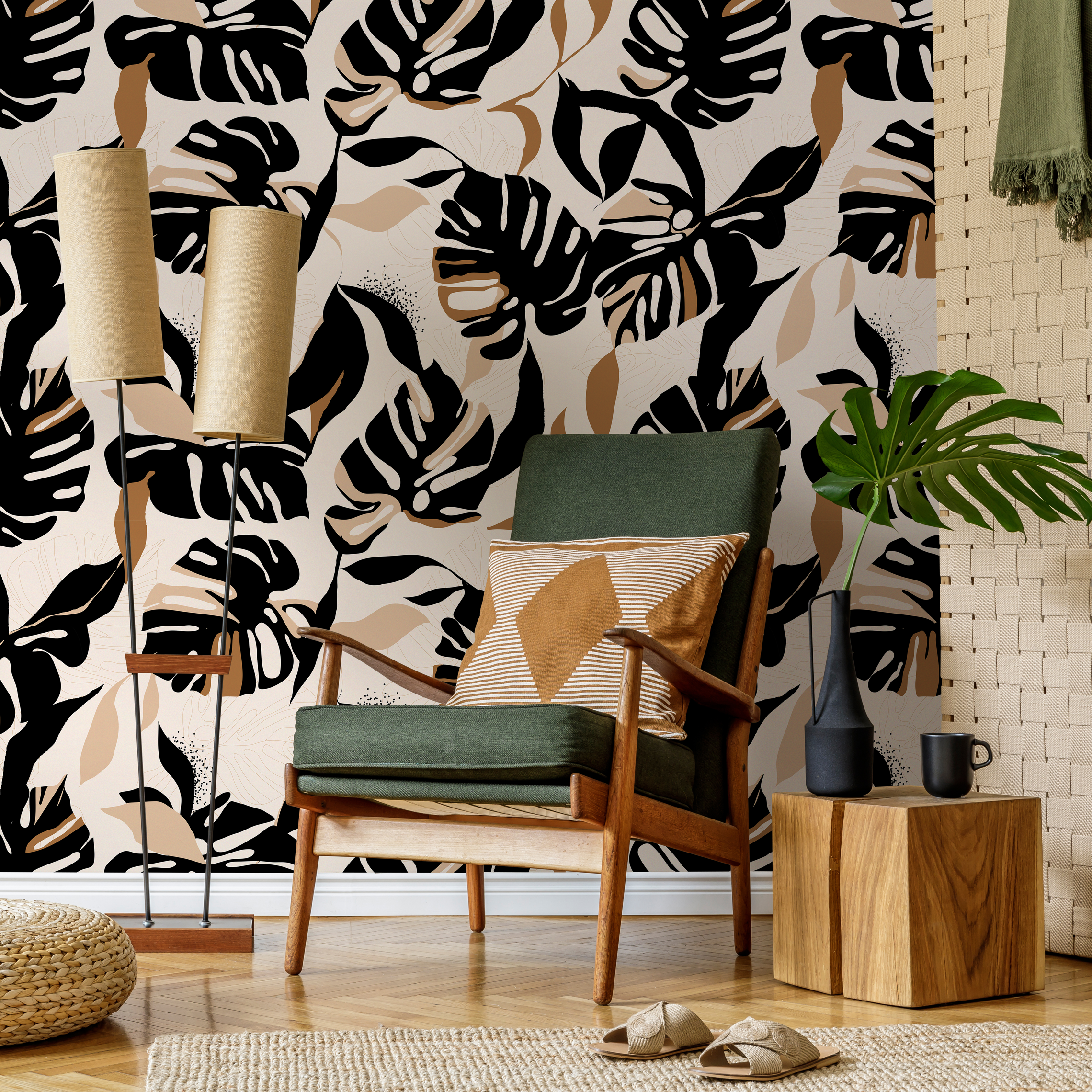 Tropical Wallpaper With Stylized Monstera Leaves In Black, Brown, And Beige - C397