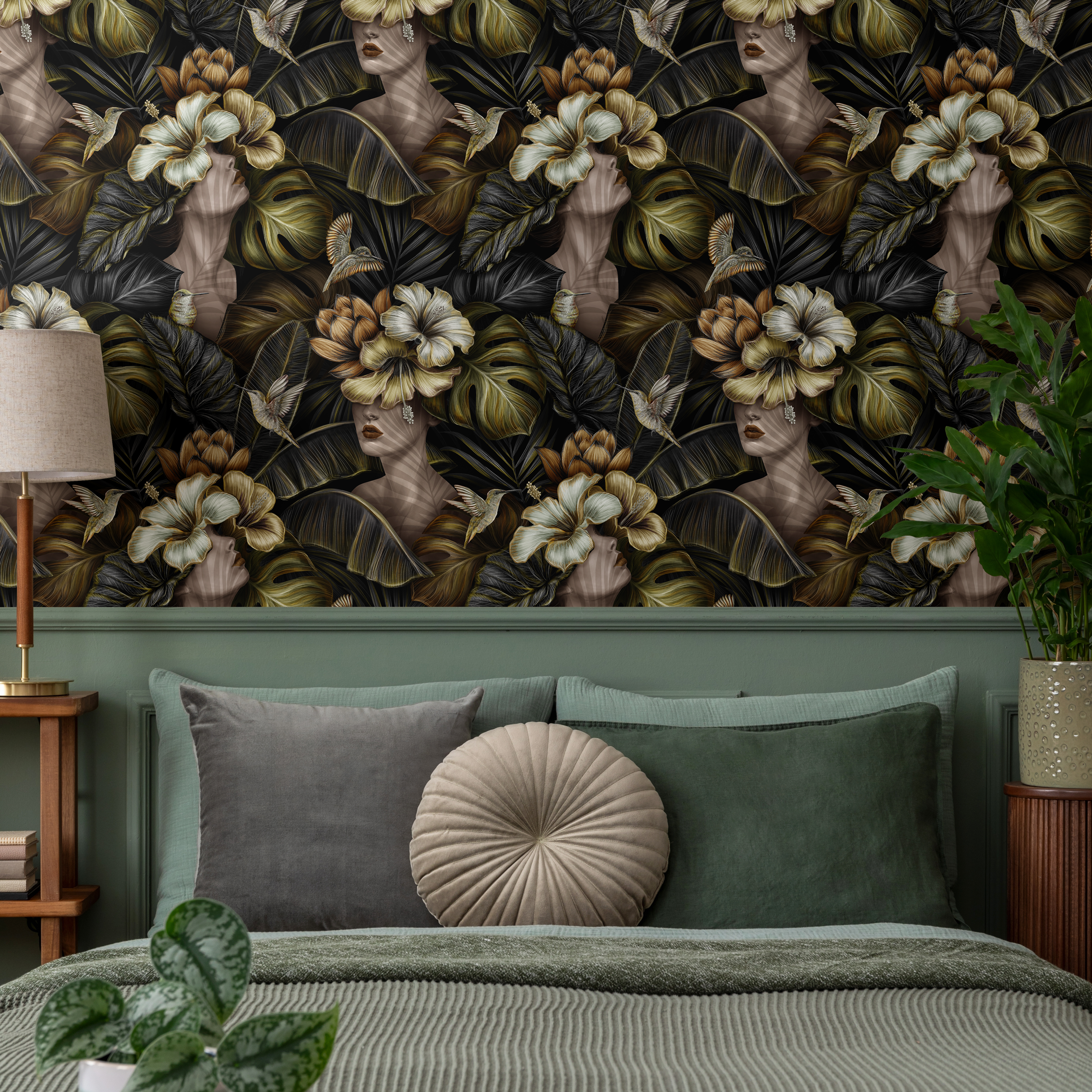 Botanical Wallpaper Featuring Surrealist Statues In Black, Green, And Gold - C399