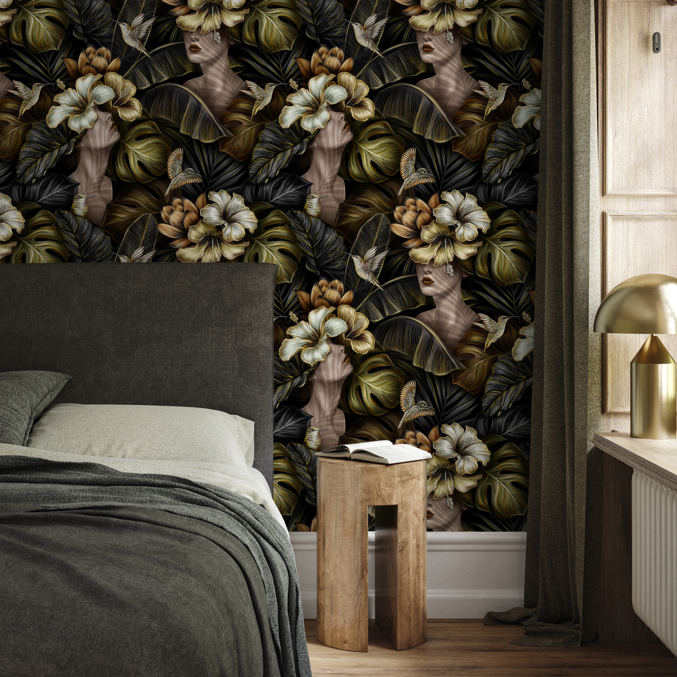 Botanical Wallpaper Featuring Surrealist Statues In Black, Green, And Gold - C399
