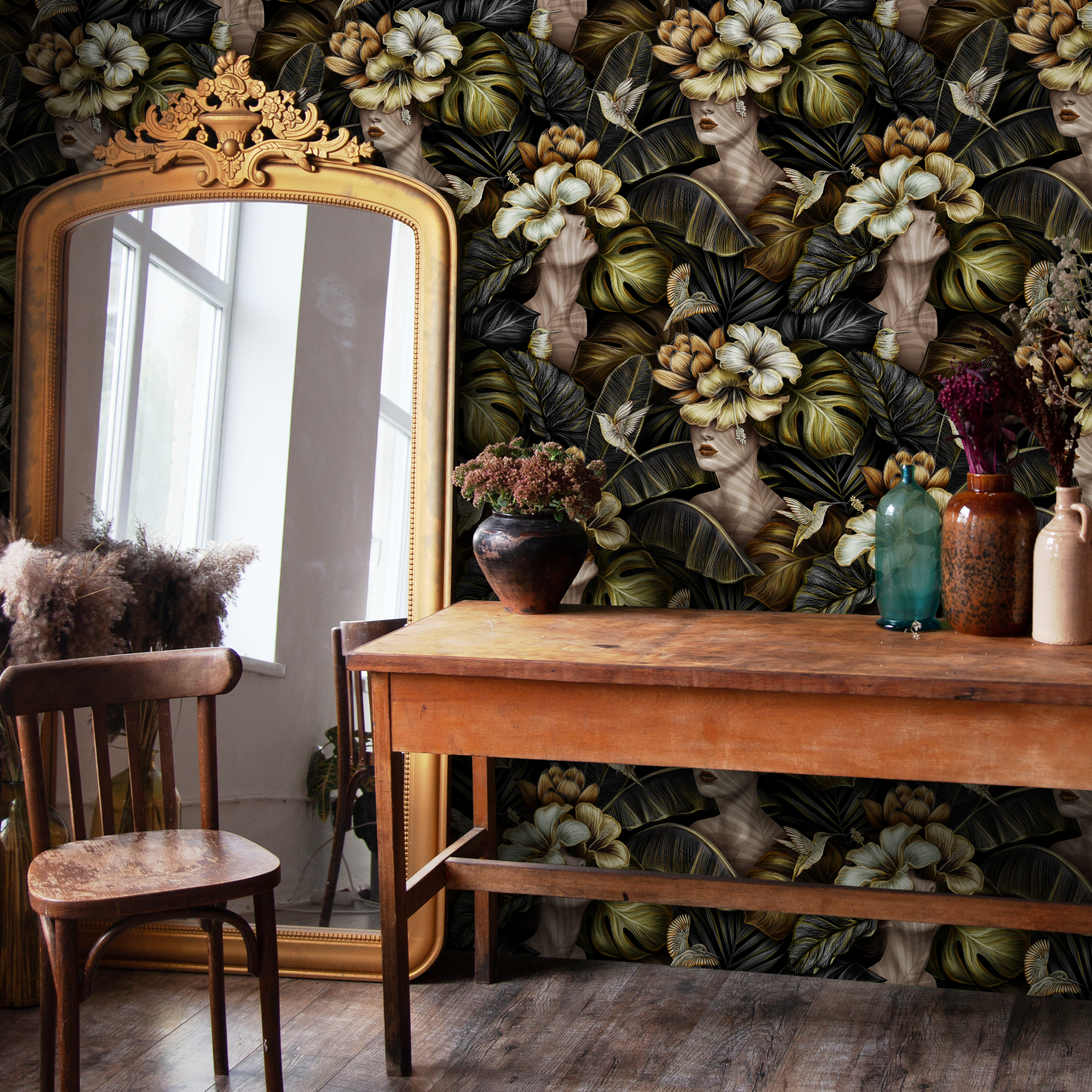 Botanical Wallpaper Featuring Surrealist Statues In Black, Green, And Gold - C399