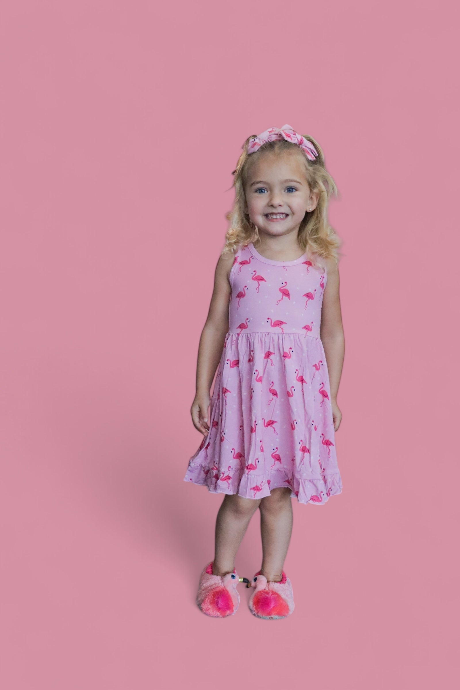Flocking Flamingos Sleeveless Dream Ruffle Dress