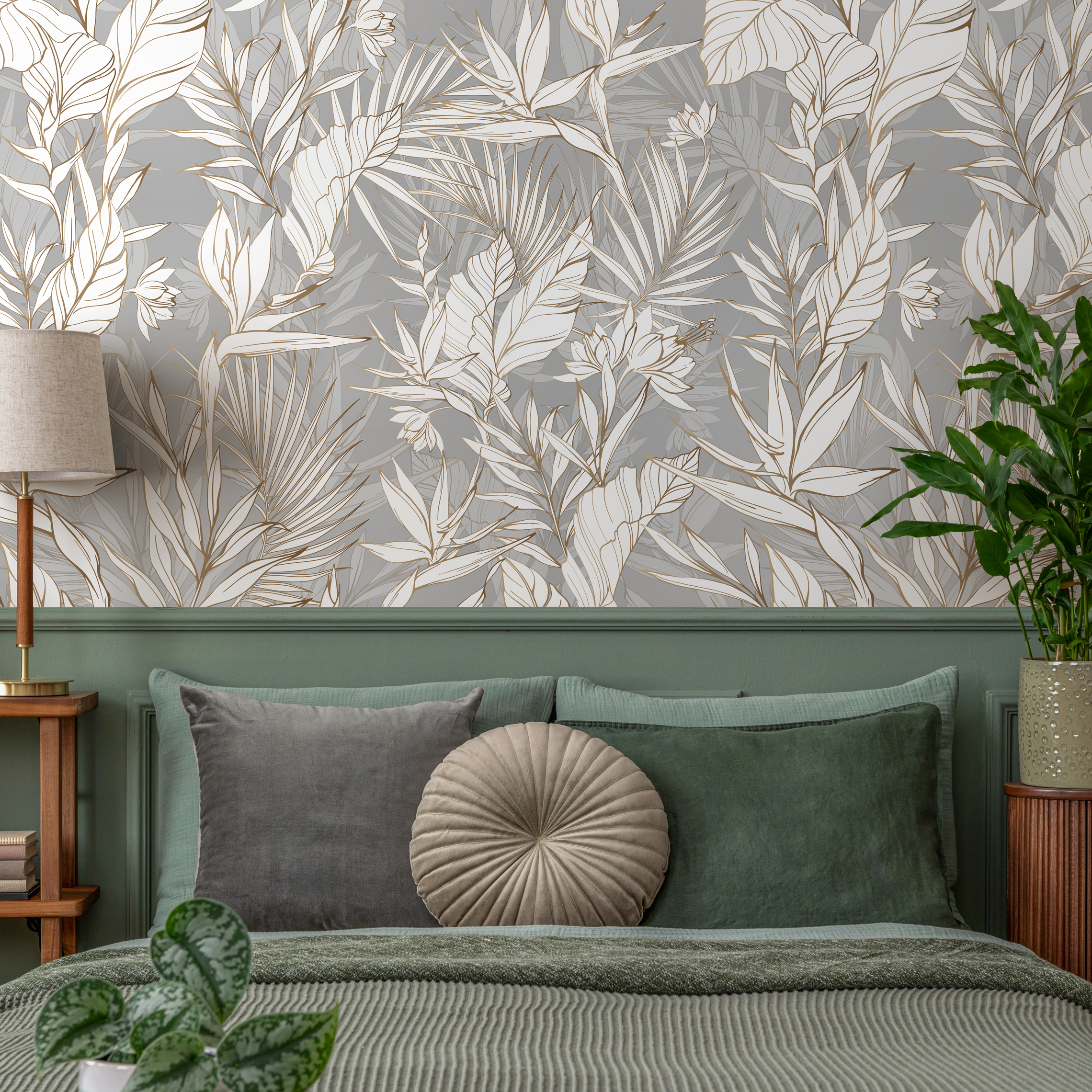 Tropical Wallpaper With Line Art Foliage In Gray, Gold, And White - C403