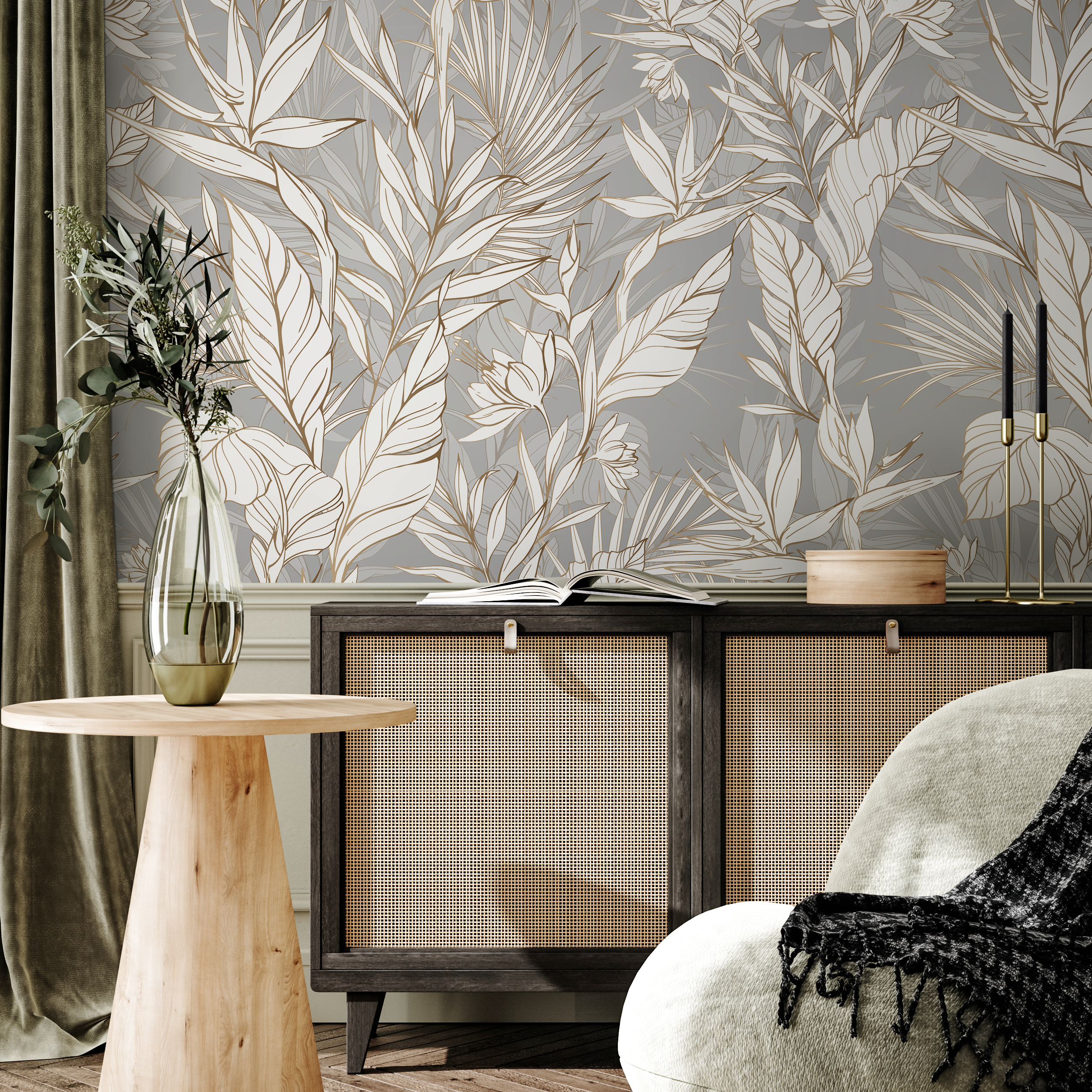 Tropical Wallpaper With Line Art Foliage In Gray, Gold, And White - C403
