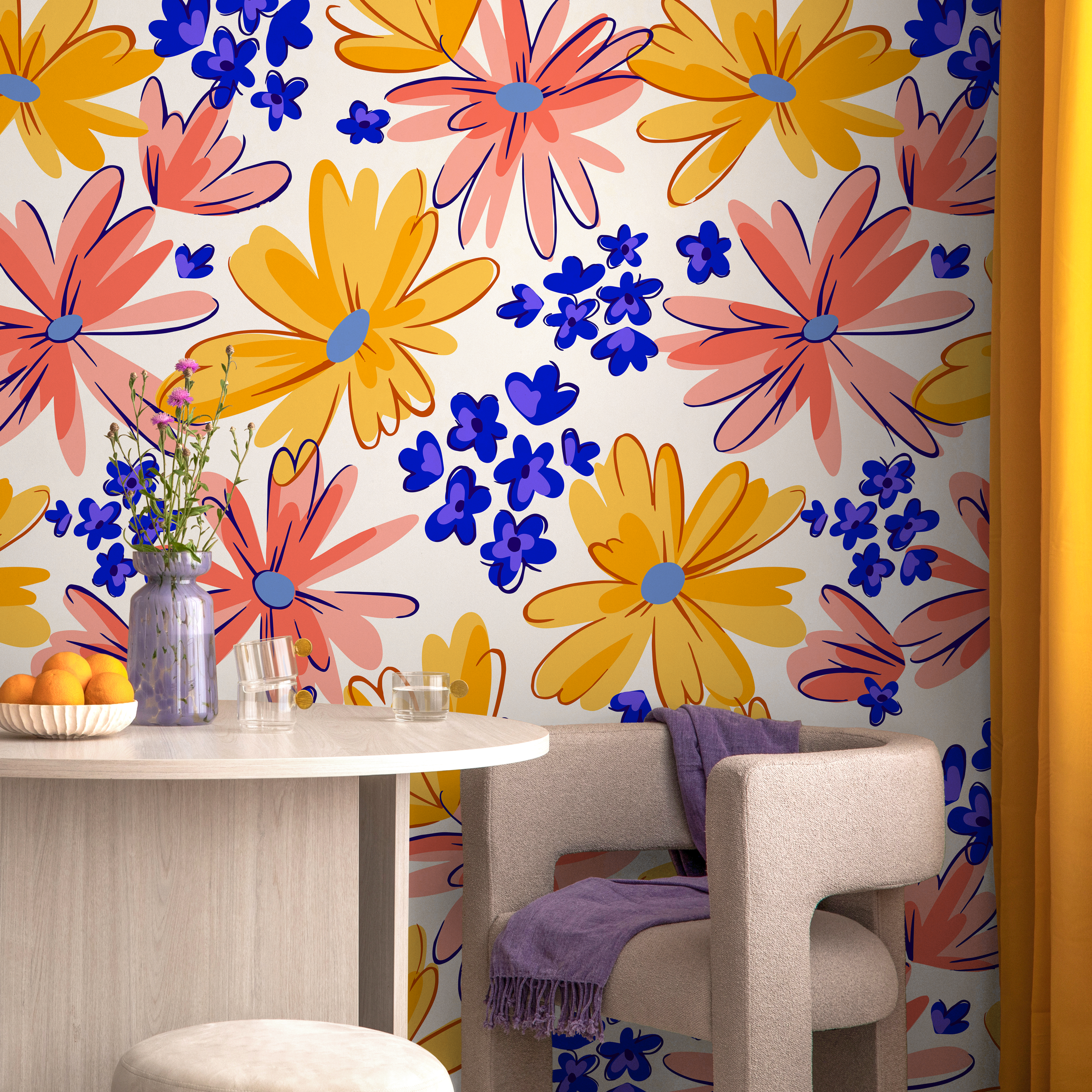 Floral Wallpaper Featuring Abstract Daisies In Yellow, Pink, And Blue - C404